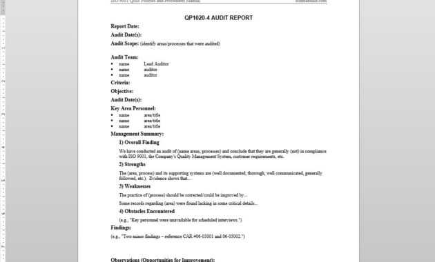 Audit Report Iso Template | Qp1020-4 within Template For Audit Report