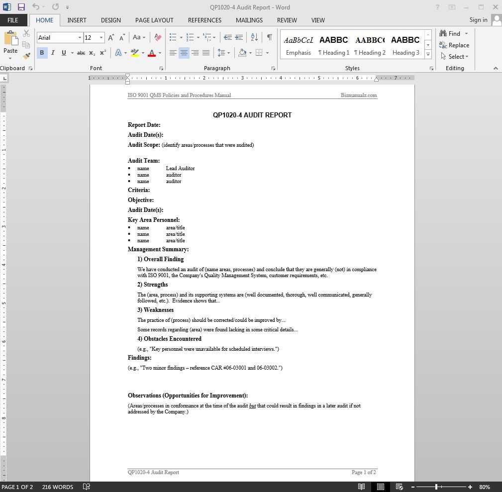 Audit Report Iso Template | Qp1020 4 Within Template For Audit Report