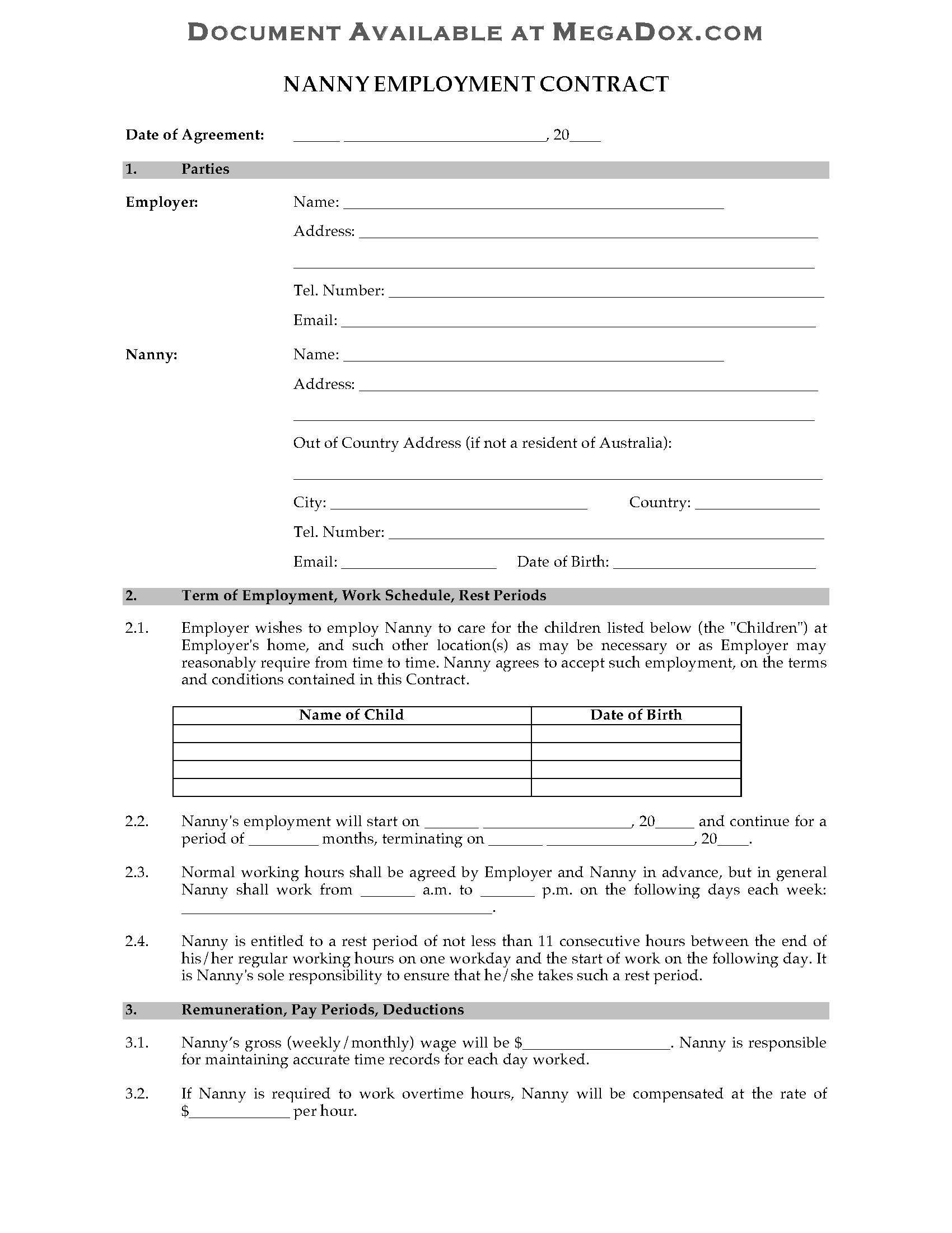 Australia Nanny Employment Contract Inside Nanny Contract Template Word