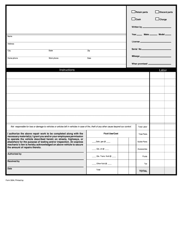 Automotive Work Order Template – Fill Online, Printable With Regard To Job Card Template Mechanic