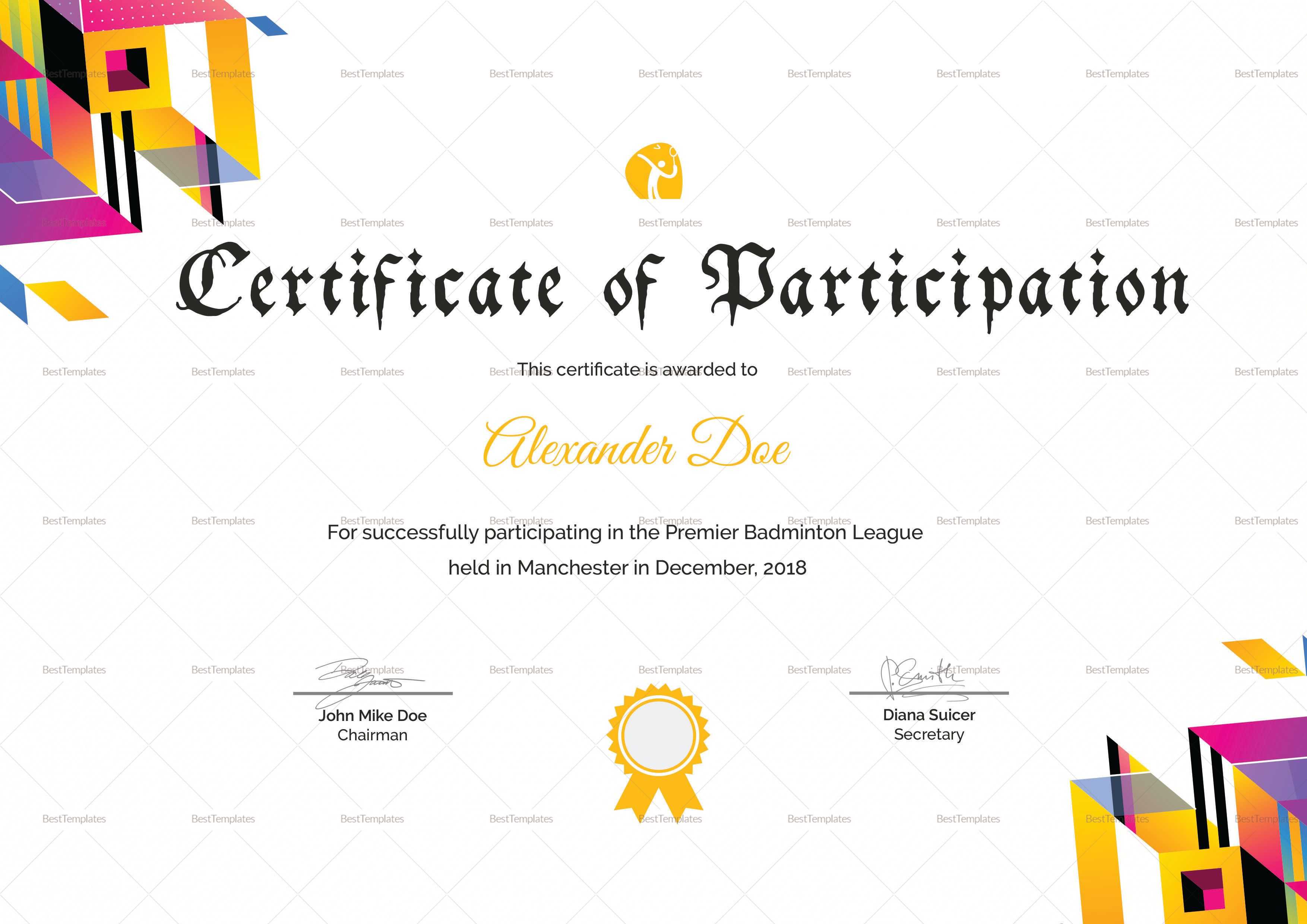 Badminton Participation Certificate Template | Worj With Regard To Basketball Camp Certificate Template