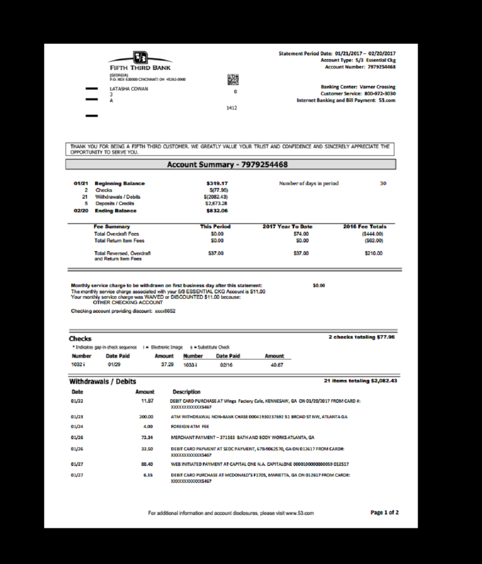 Bank, Statement, Fifth Third, Template, Proof Of Income With Credit Card Statement Template Excel