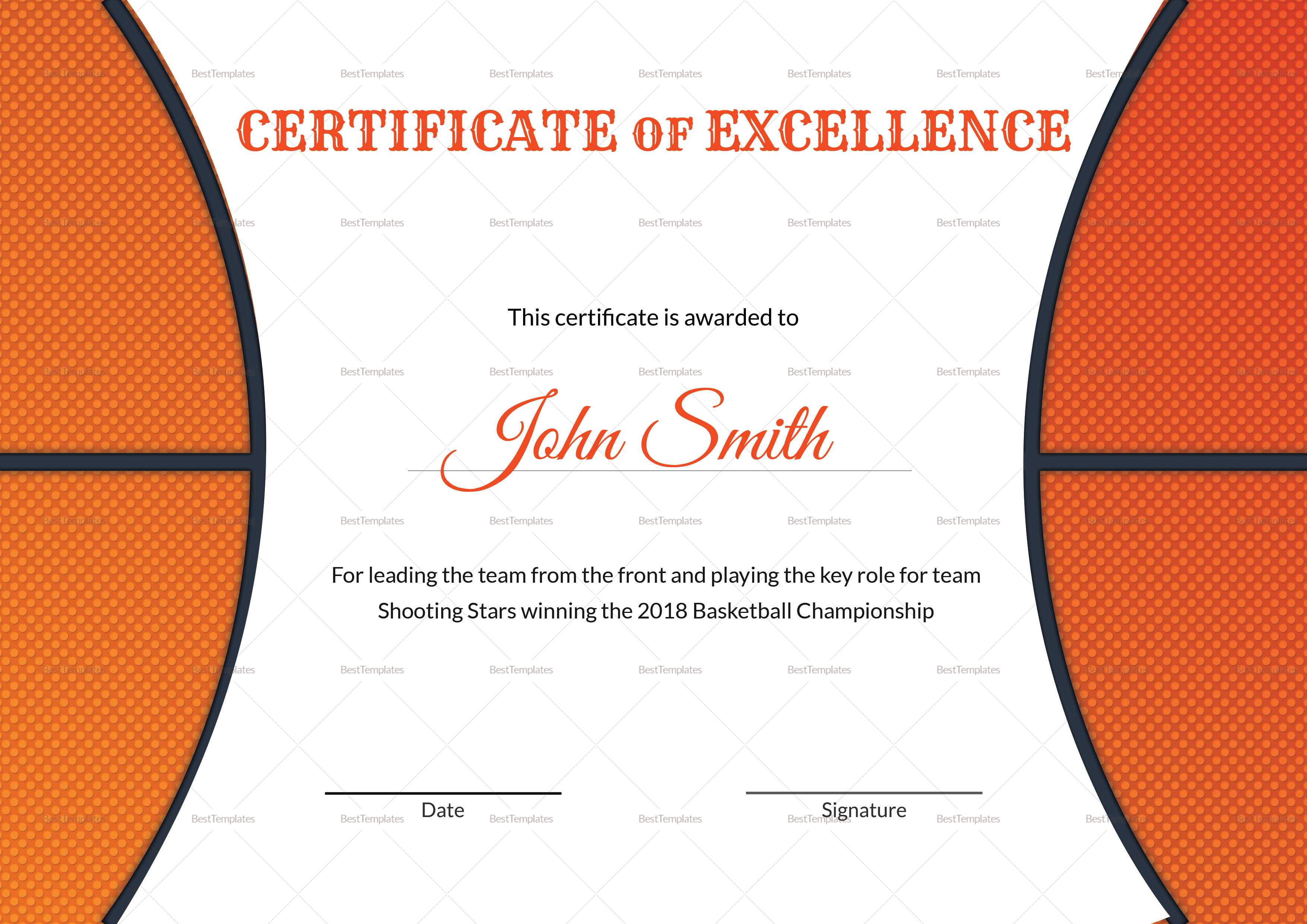 Basketball Excellence Award Certificate Template Throughout Basketball Certificate Template