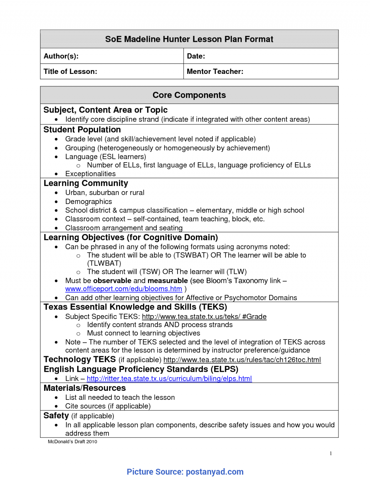 Best Madeline Hunter Lesson Plan Components Madeline Hunter Throughout Madeline Hunter Lesson Plan Template Word