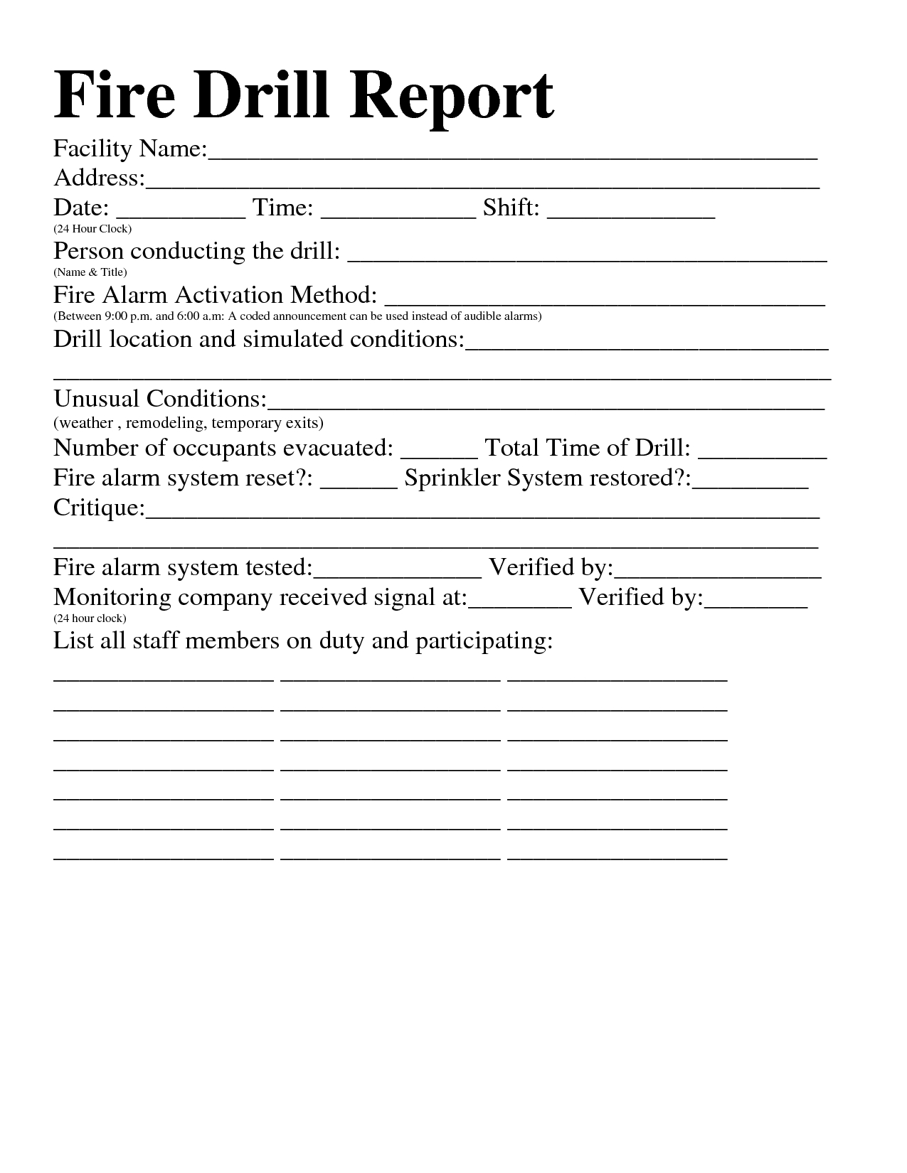 Printable Fire Drill Checklist Template - Printable World Holiday
