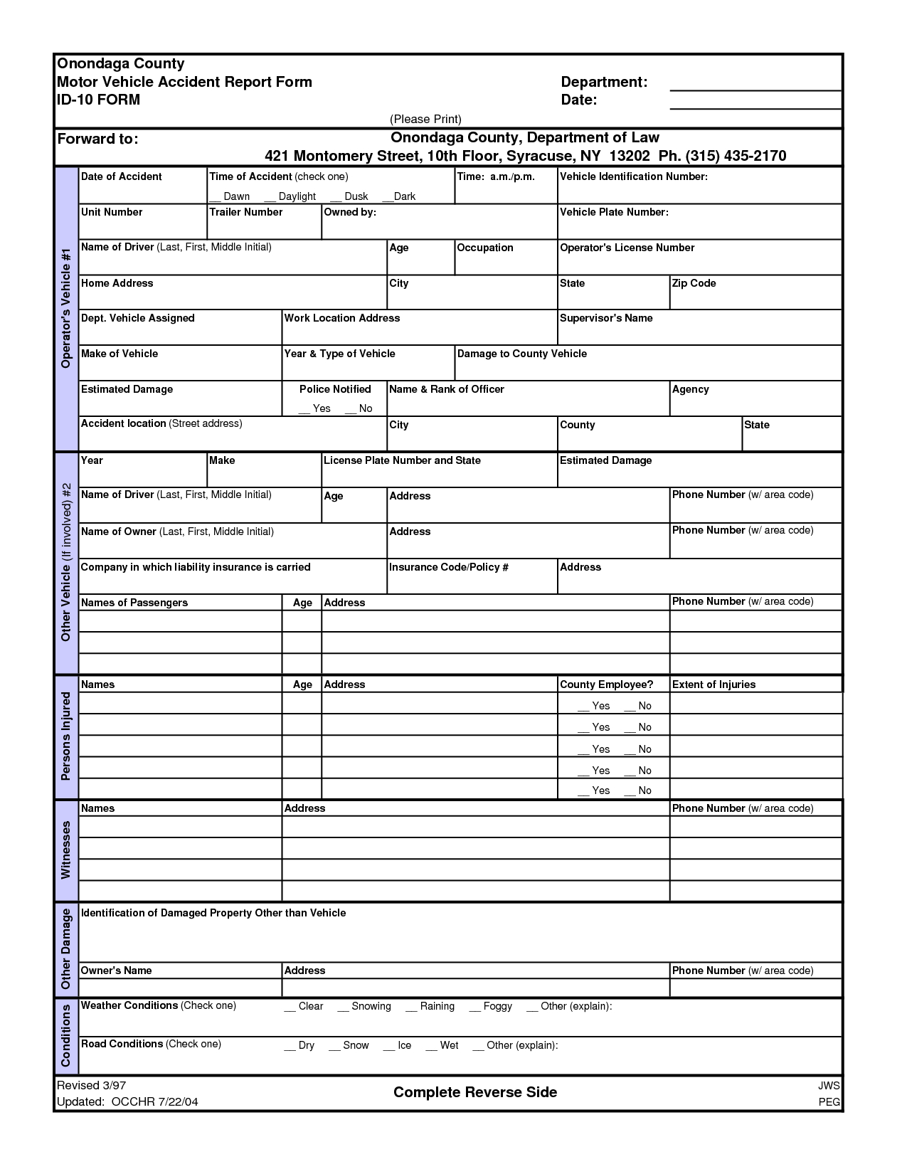 Best Photos Of Printable Accident Report Forms – Printable For Vehicle Accident Report Form Template