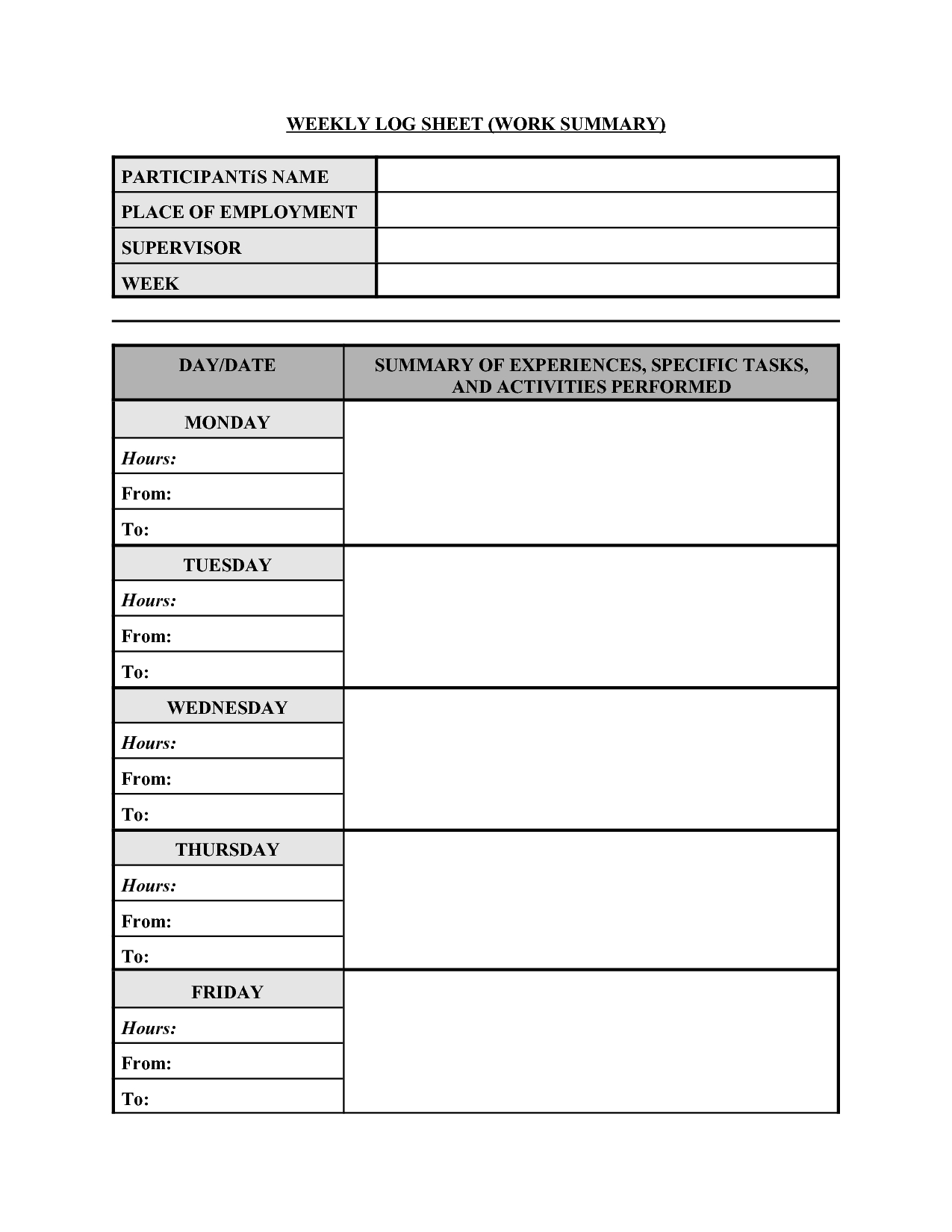 Best Photos Of Work Summary Template – Weekly Work Log Sheet Regarding Work Summary Report Template