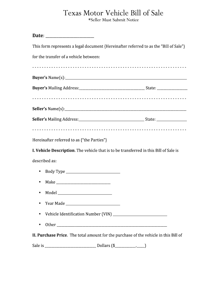 Bill Of Sale Texas – Fill Online, Printable, Fillable, Blank For Vehicle Bill Of Sale Template Word