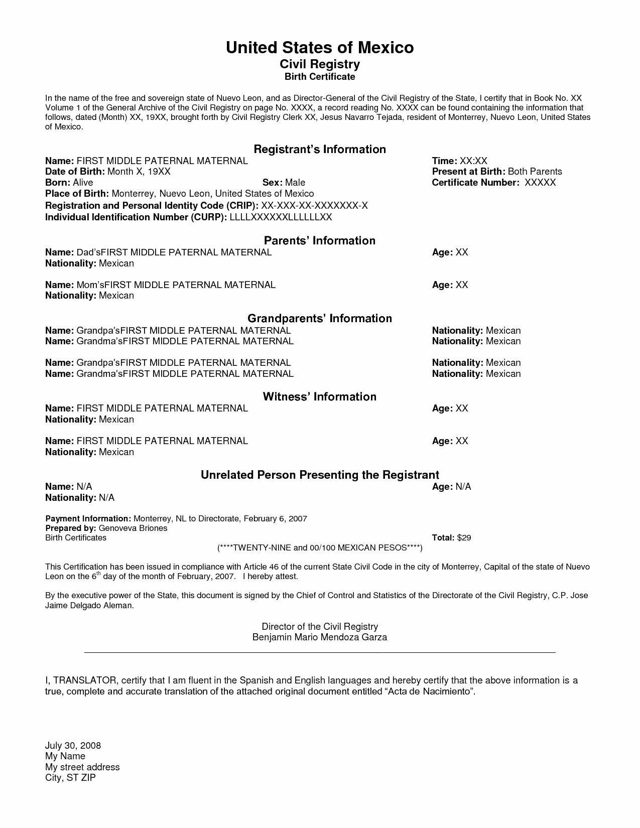 Birth Certificate Translation Uscis Basic 20 Unique Image Throughout Birth Certificate Translation Template