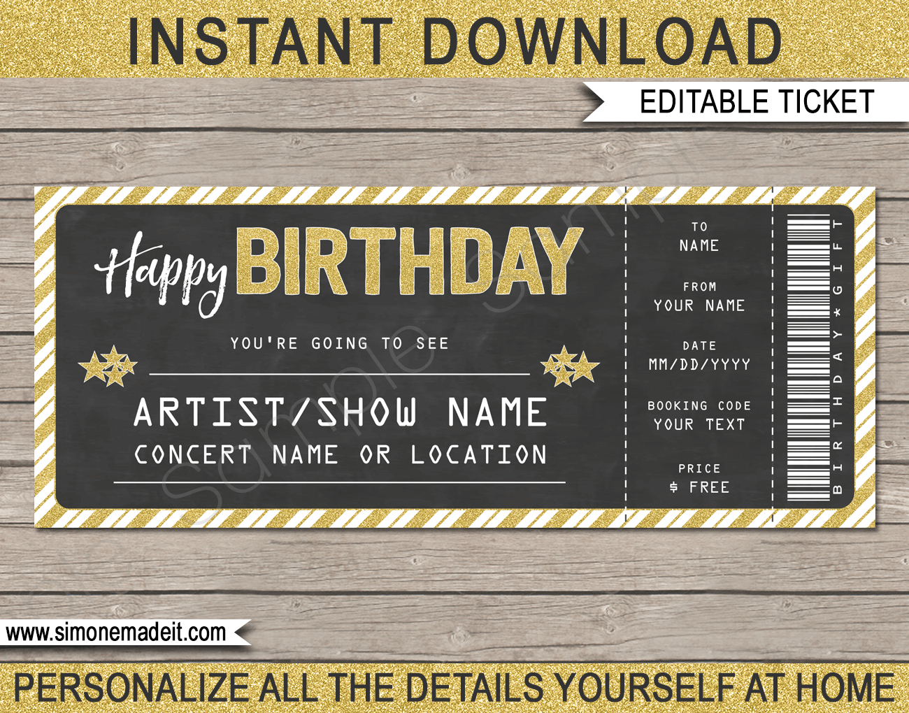 Birthday Concert Gift Ticket – Gold Glitter & Chalkboard Within Golf Gift Certificate Template