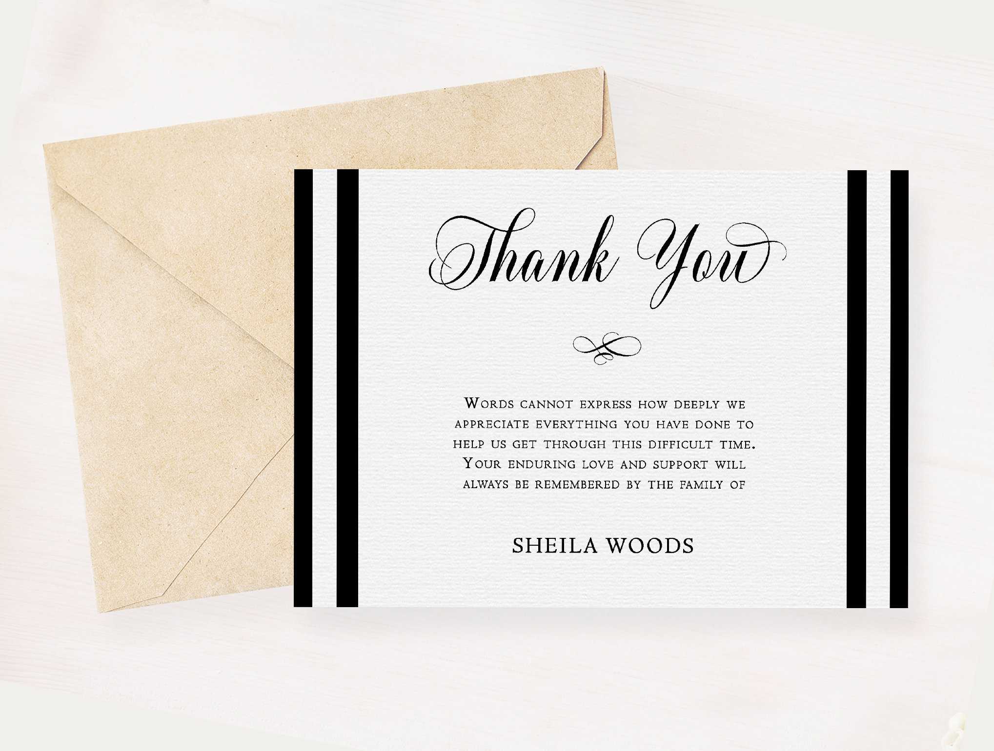Black & White Sympathy Thank You Card Memorial Service Editable Template  Obituary Service Microsoft Word Template Acknowledgement Card Pertaining To Sympathy Thank You Card Template