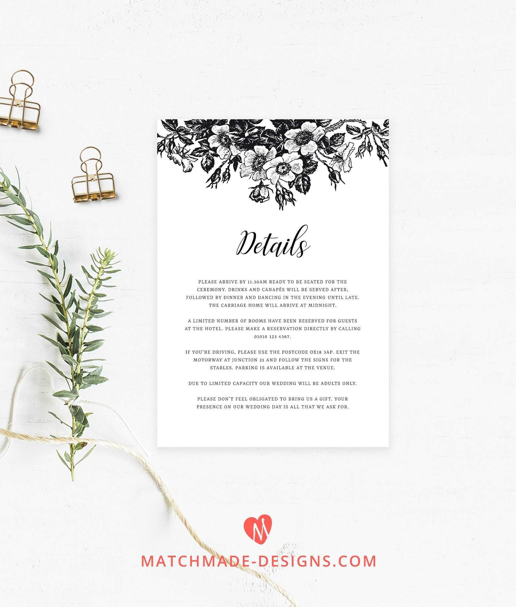 Black & White Wedding Details Card Template | Floral Wedding For Wedding Hotel Information Card Template