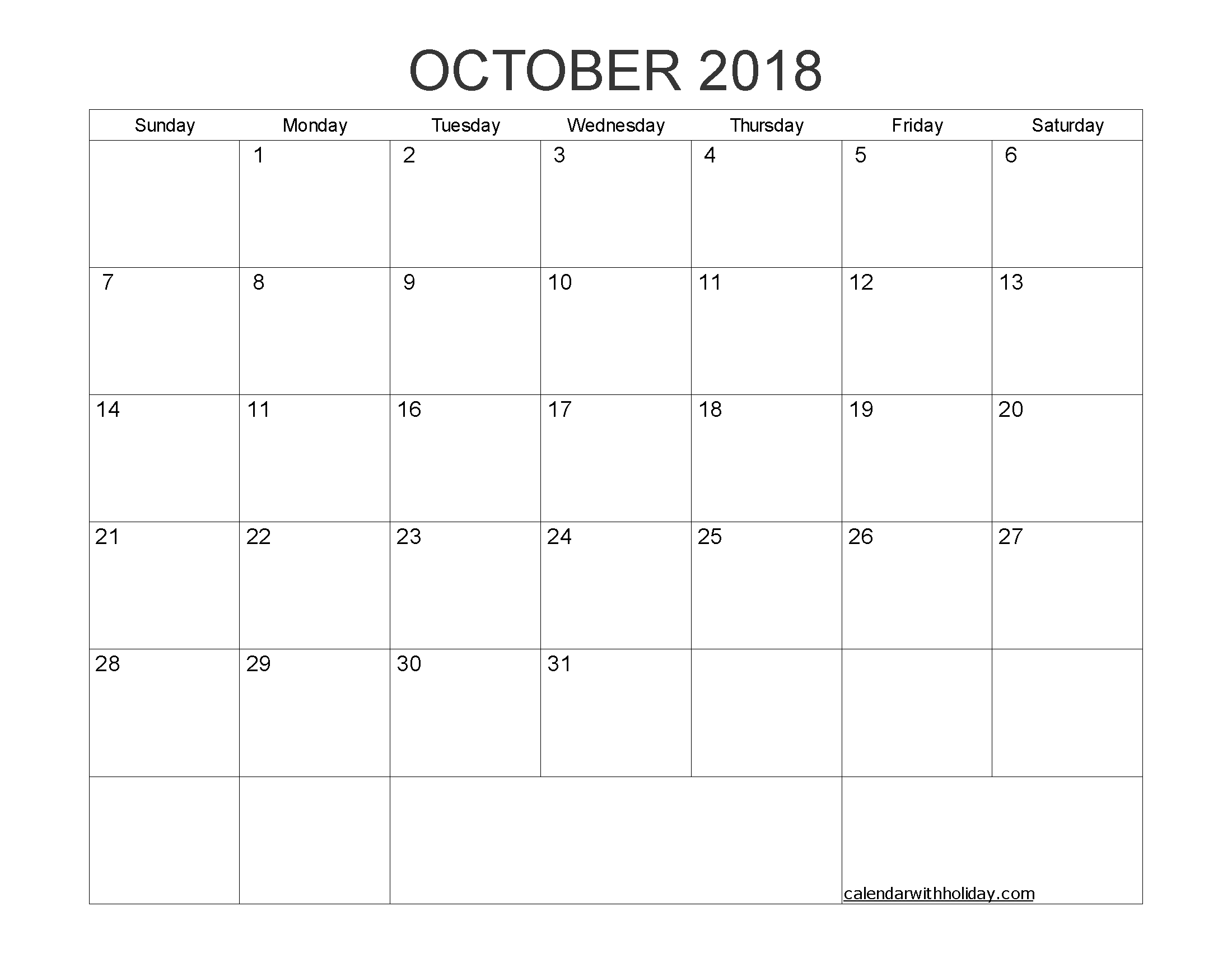 Blank Calendar October 2018 Printable 1 Month Calendar Throughout Blank One Month Calendar Template