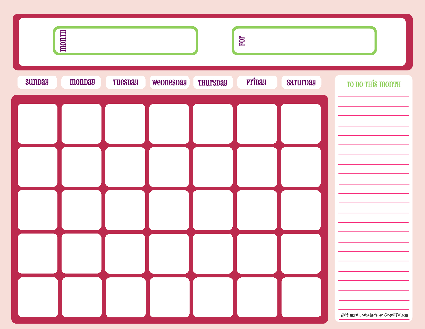 Blank Month Calendar – Pinks – Free Printable Downloads From In Blank One Month Calendar Template