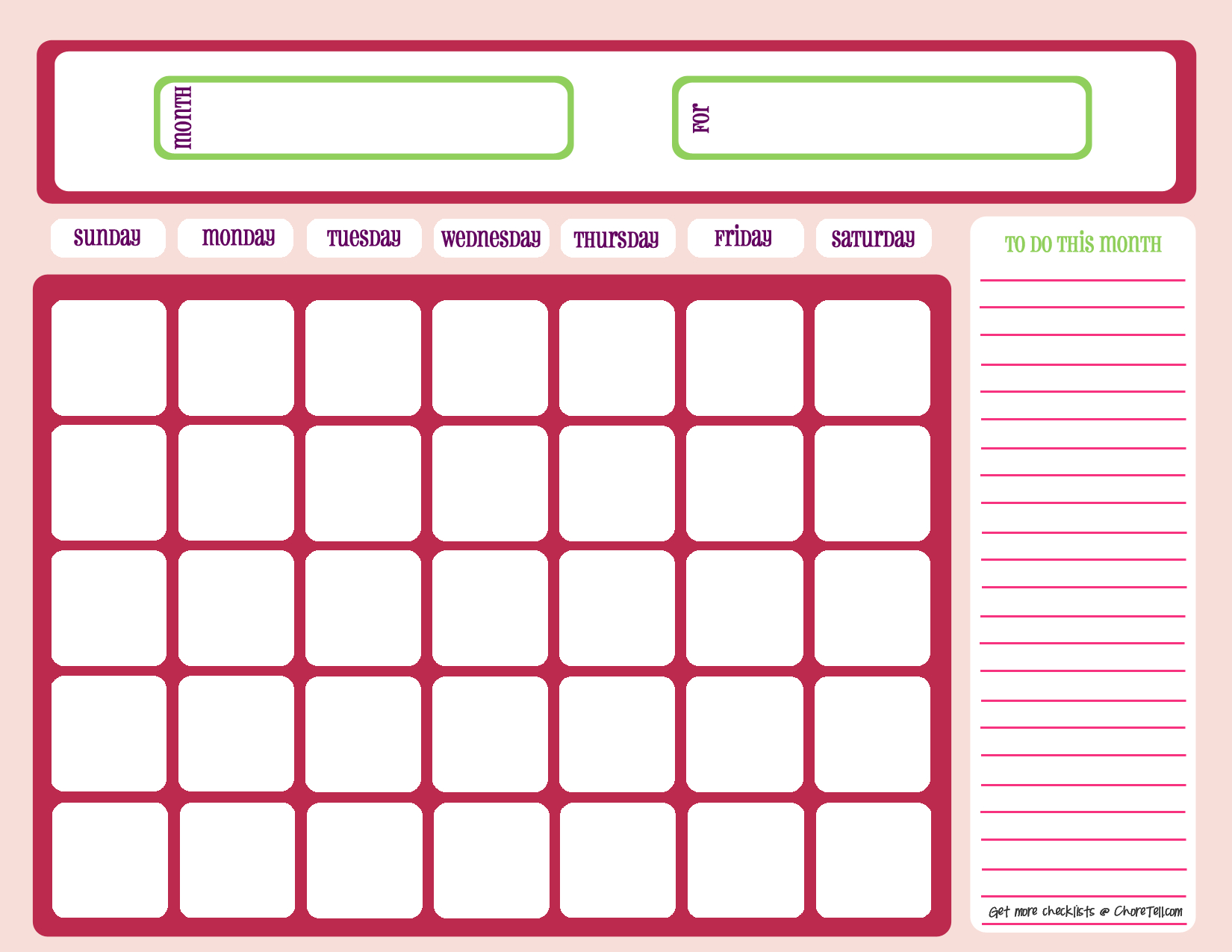 Blank Month Calendar – Pinks – Free Printable Downloads From With Blank Calendar Template For Kids