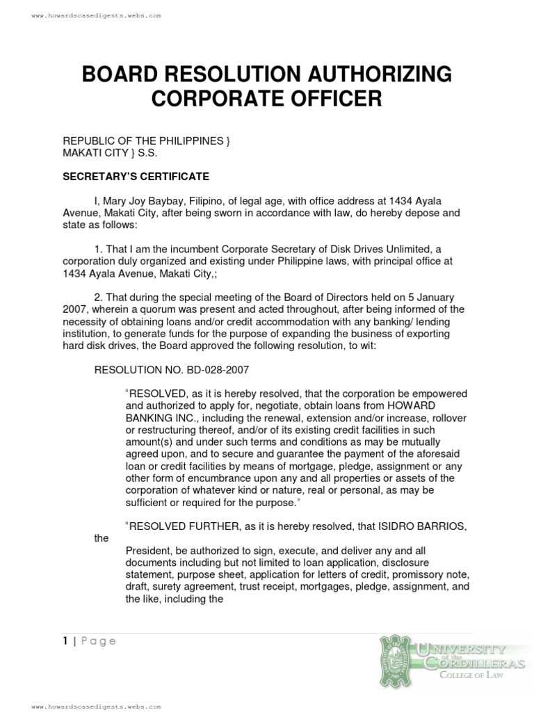 Board Resolution Authorizing Corporate Officer – Docshare.tips Intended For Corporate Secretary Certificate Template