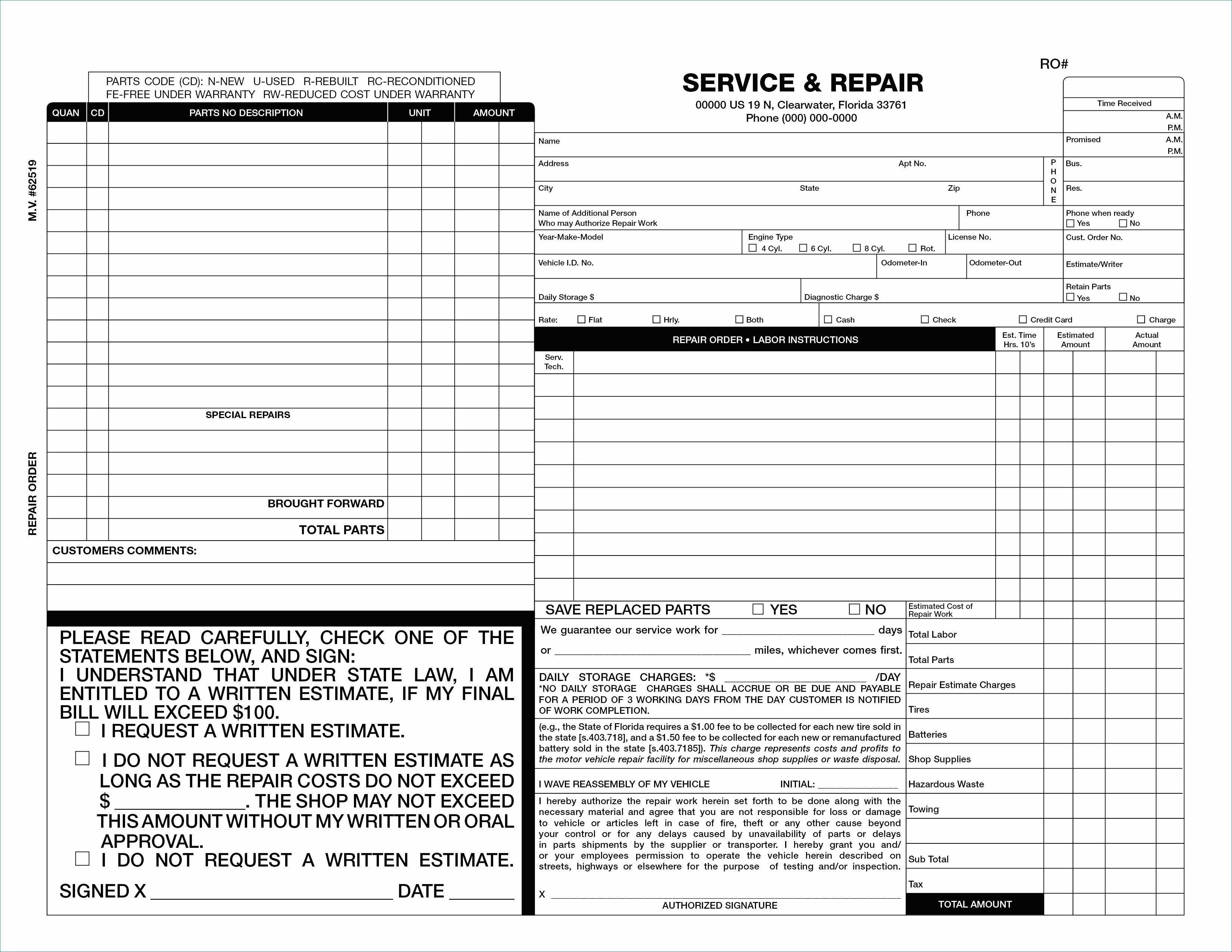 Body Shop Invoice Template Example Estimate Form Ordinary 50 With Shop Report Template