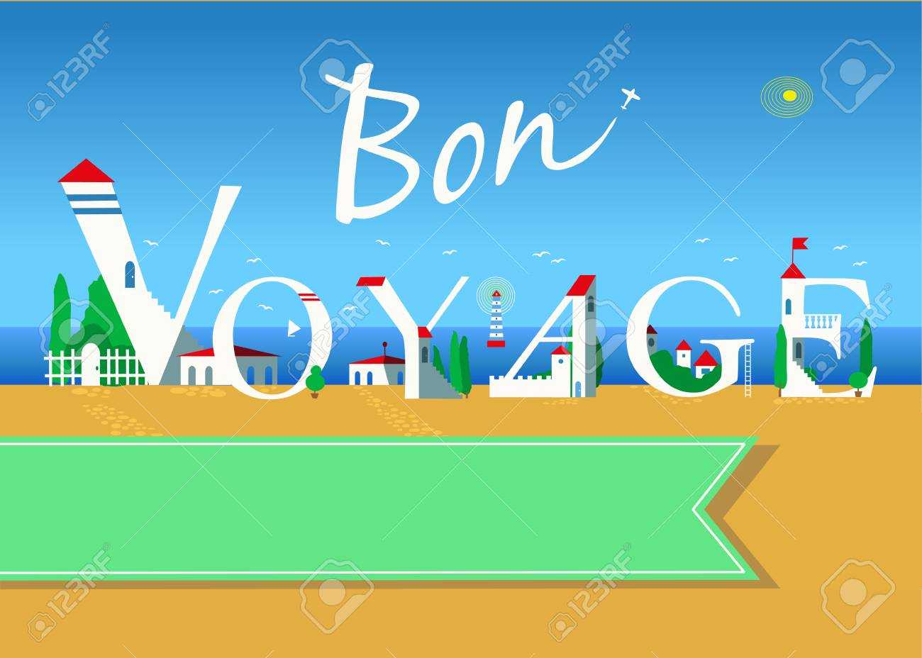 Bon Voyage. Travel Card. White Buildings On The Summer Beach Throughout Bon Voyage Card Template