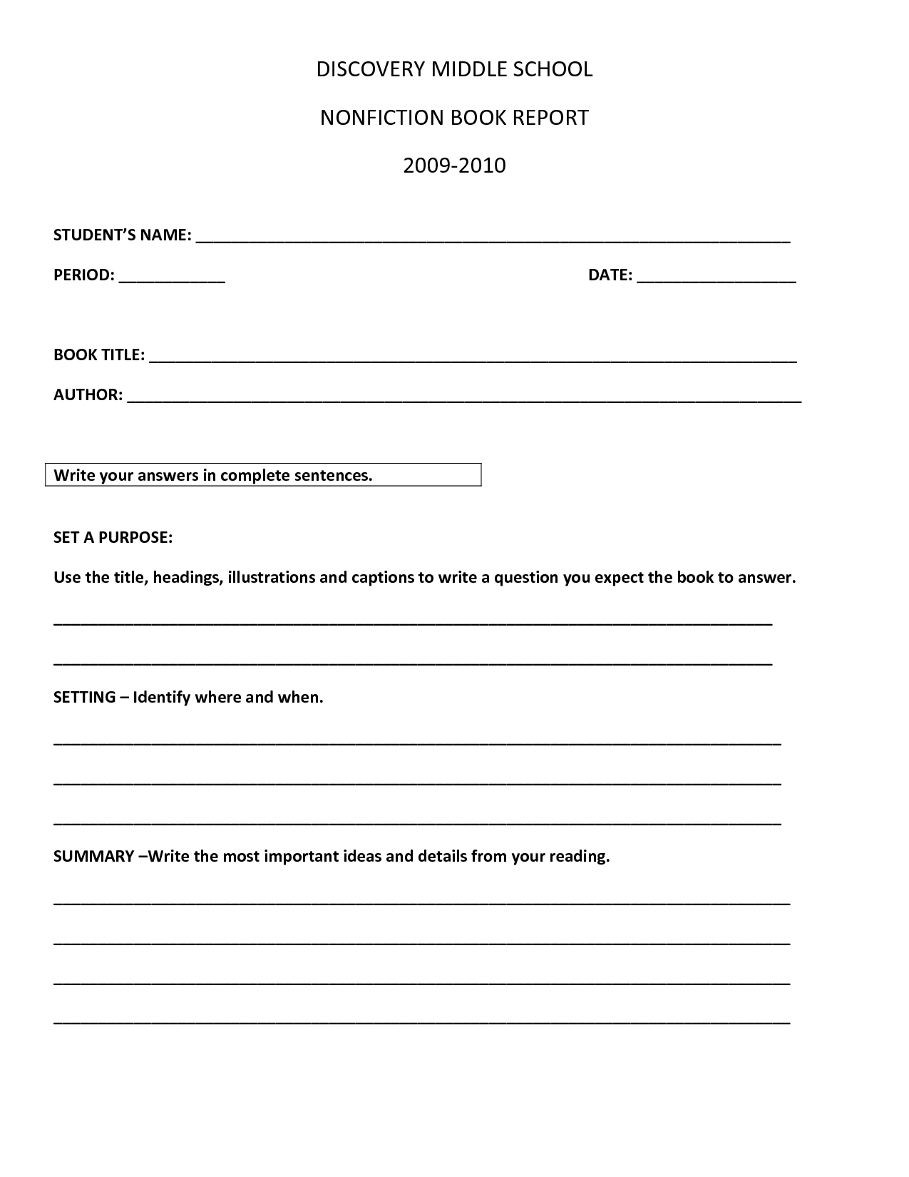 Book Report Template | Discovery Middle School Nonfiction Pertaining To Middle School Book Report Template