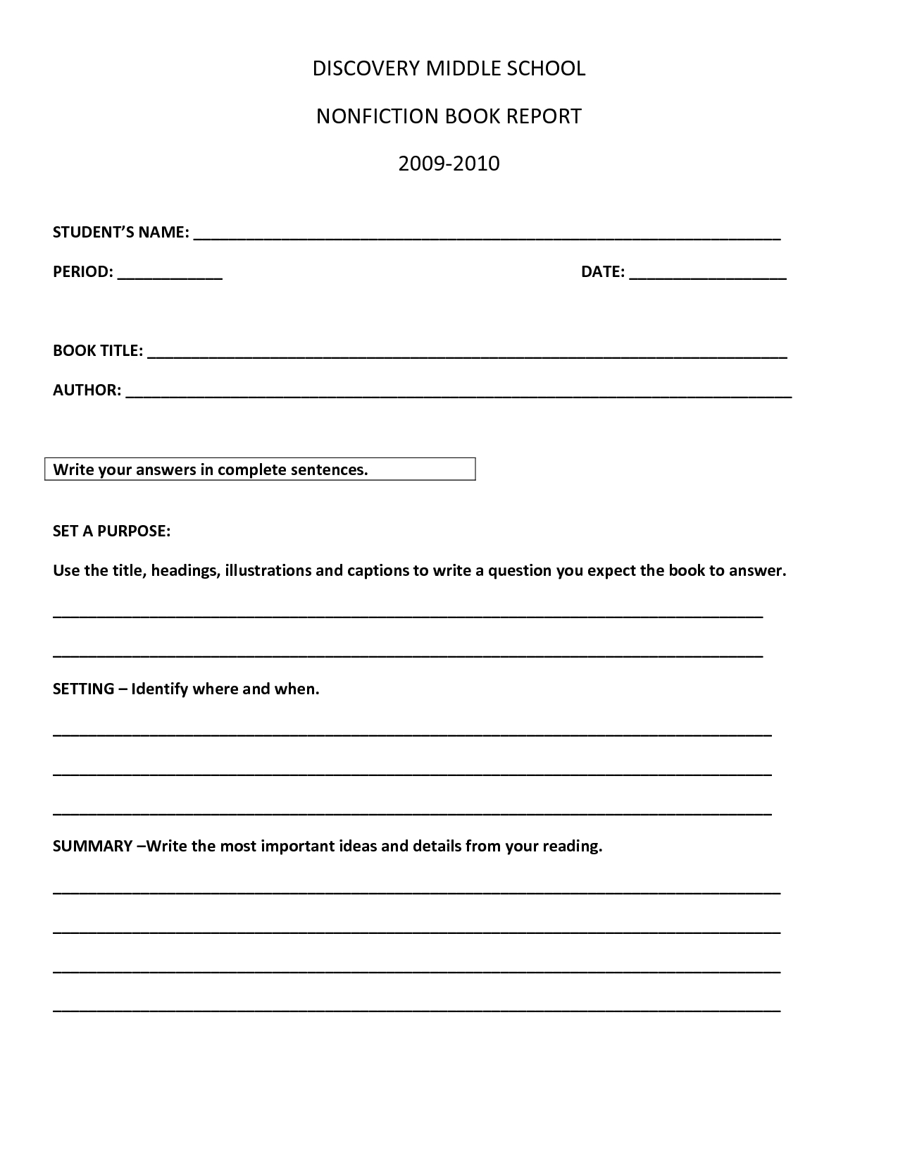 Book Report Template | Discovery Middle School Nonfiction Regarding Book Report Template High School