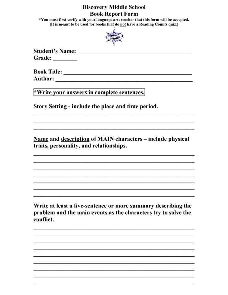 Book Report Template Middle School