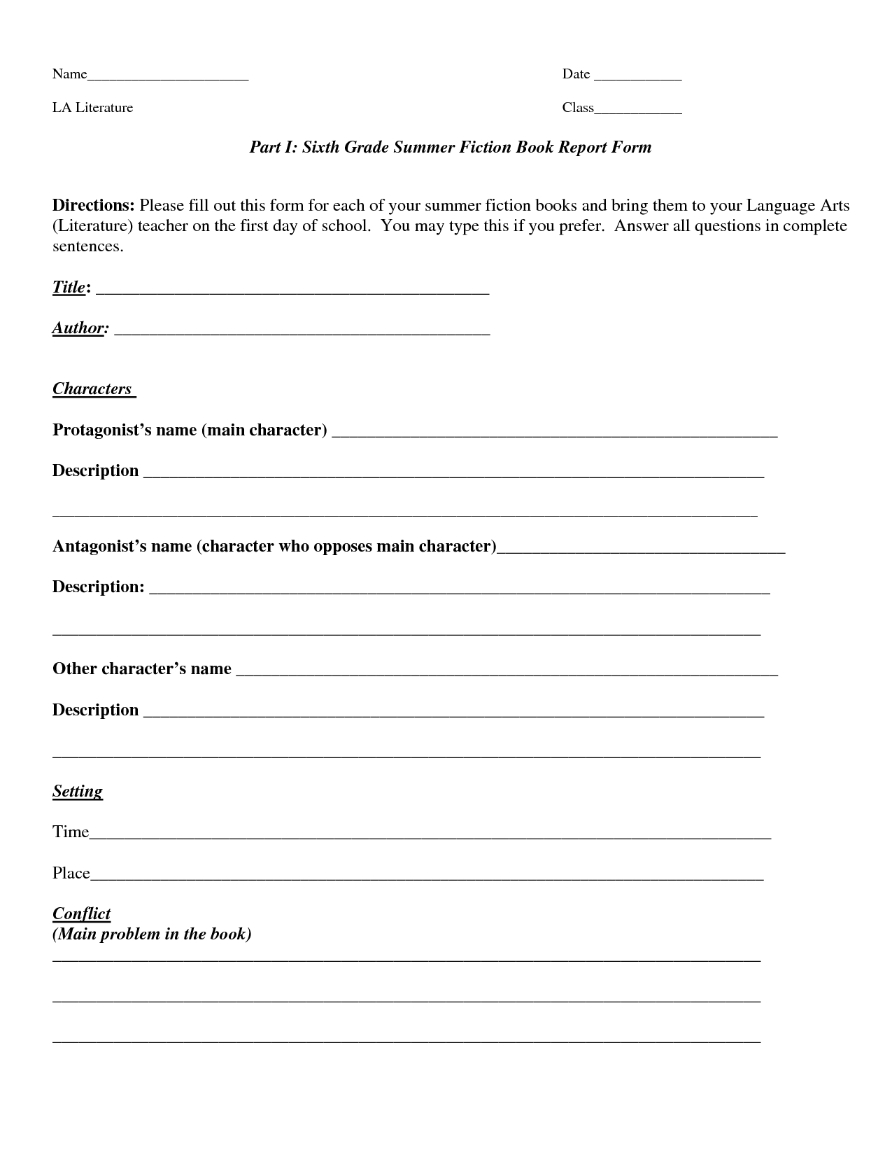 Book Report Template | Part I Sixth Grade Summer Fiction Within Book Report Template Grade 1