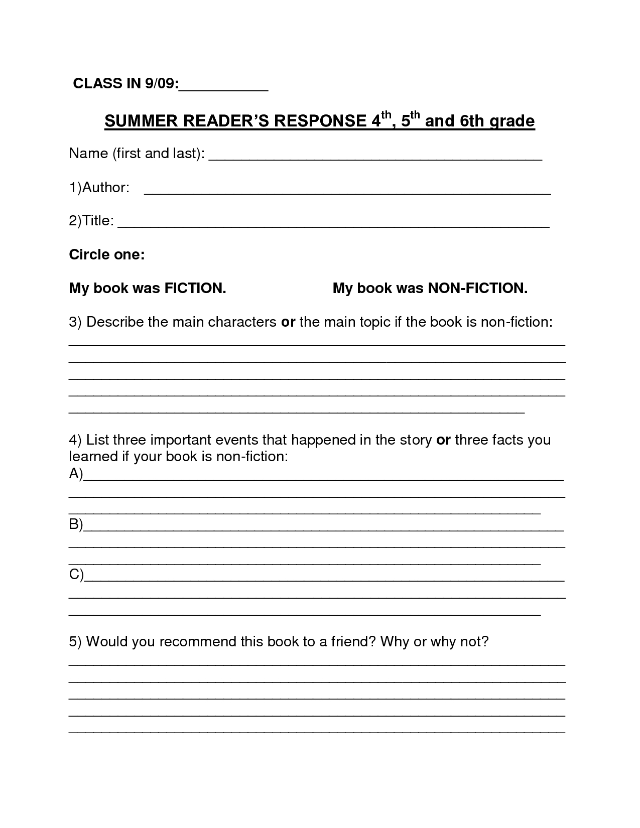 Book Report Template | Summer Book Report 4Th  6Th Grade In Book Report Template 4Th Grade