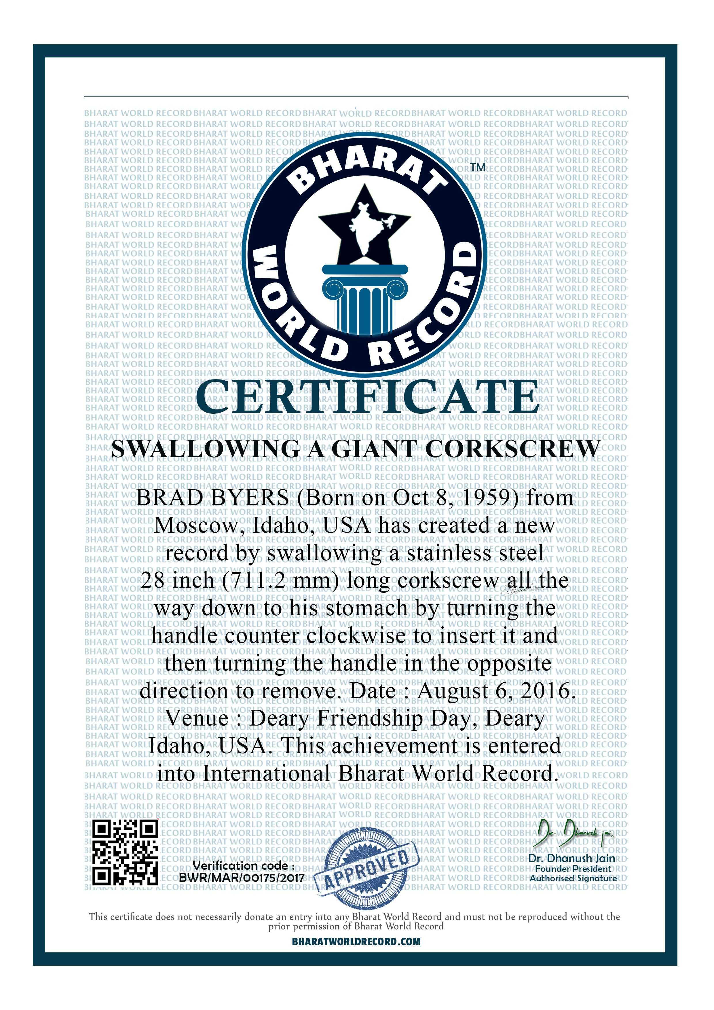Brad Byers World Record Certificates, Medals, And Other Awards For Guinness World Record Certificate Template