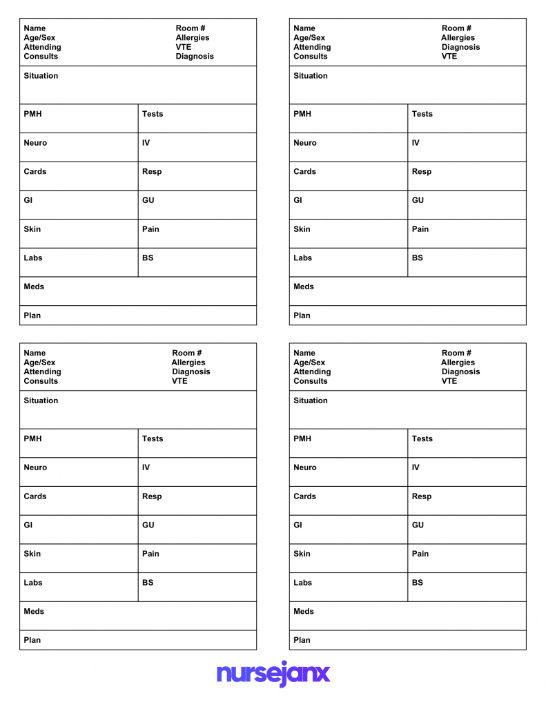 Brain Nursing Report Sheet (4 Patients Per Page) – Nursejanx Regarding Med Surg Report Sheet Templates