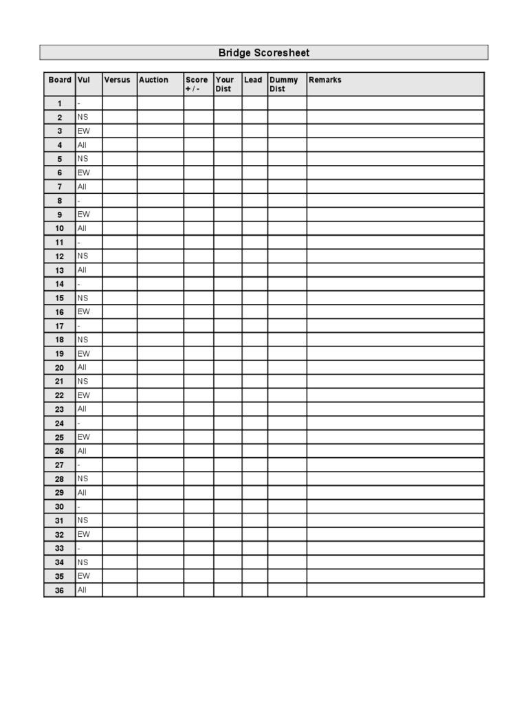 Bridge Score Sheet - 6 Free Templates In Pdf, Word, Excel With Bridge Score Card Template