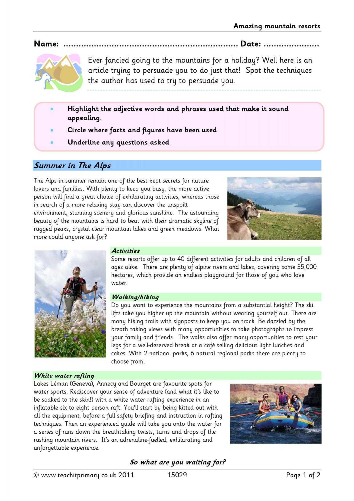 Brochure Writing – Amazing Mountain Resorts Intended For Travel Brochure Template Ks2