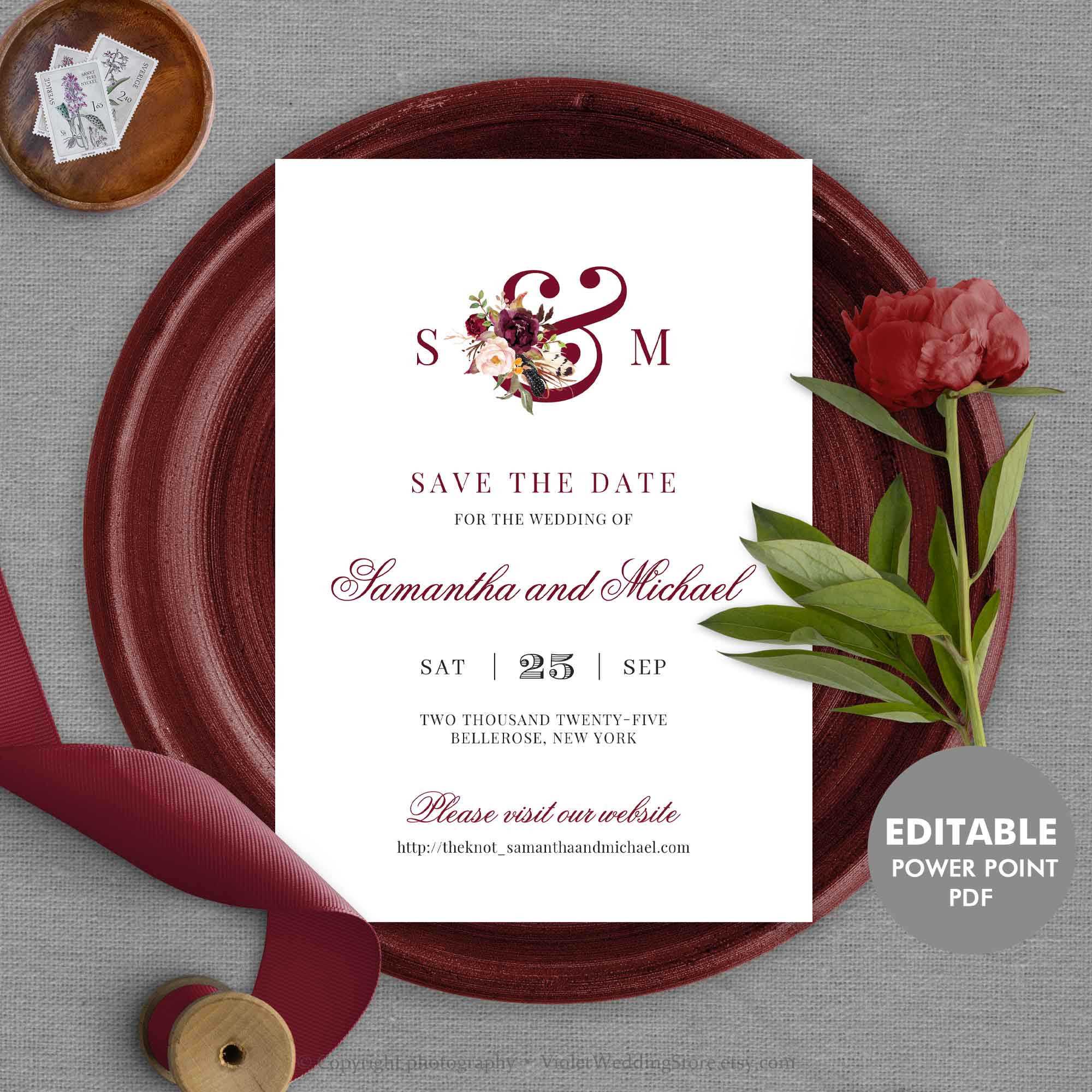 Burgundy Save The Date Card Template, Editable Monogram Save The Date,  Printable Wedding Save The Date Instant Download Mar1 With Regard To Save The Date Powerpoint Template