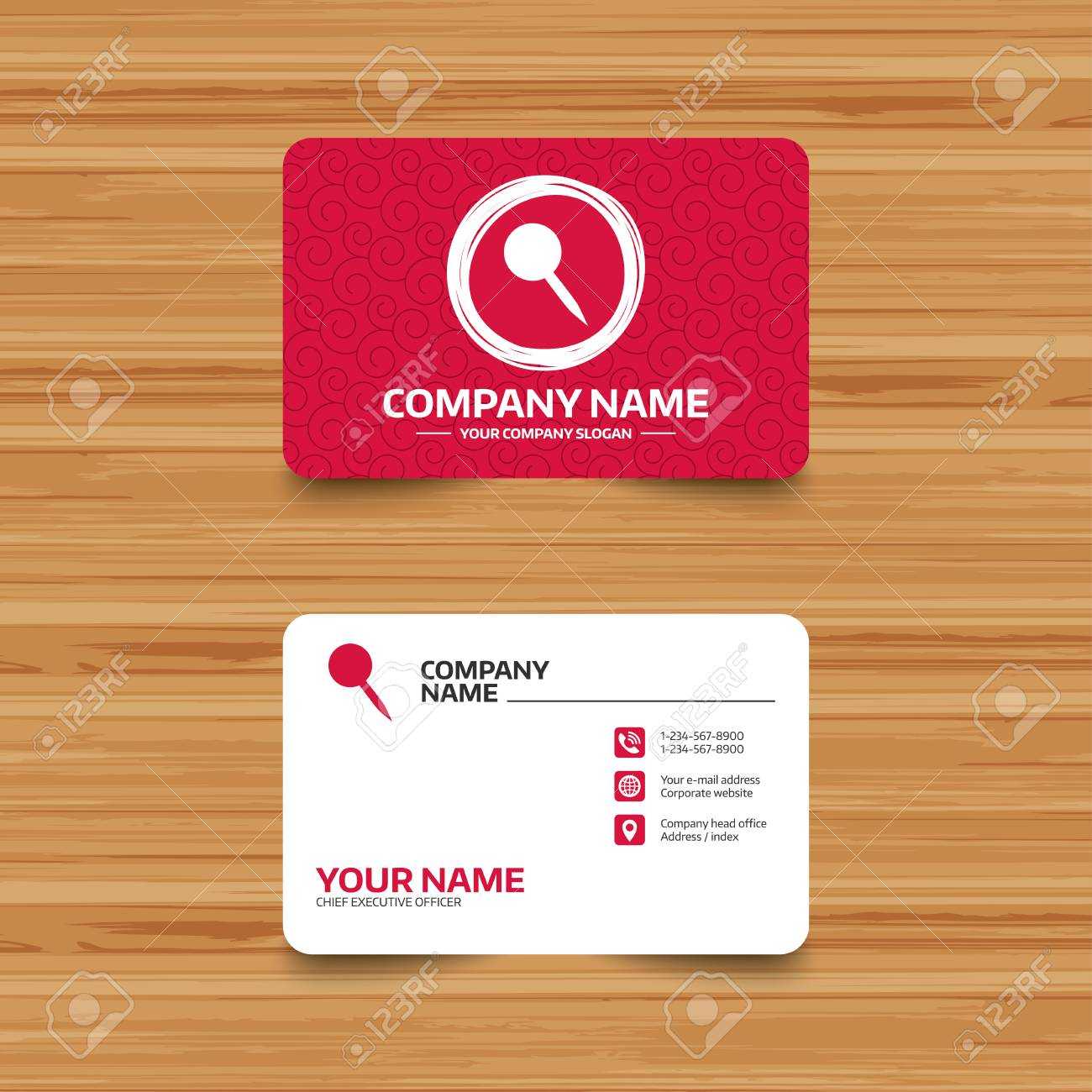 Business Card Template With Texture. Pushpin Sign Icon. Pin Button For Push Card Template