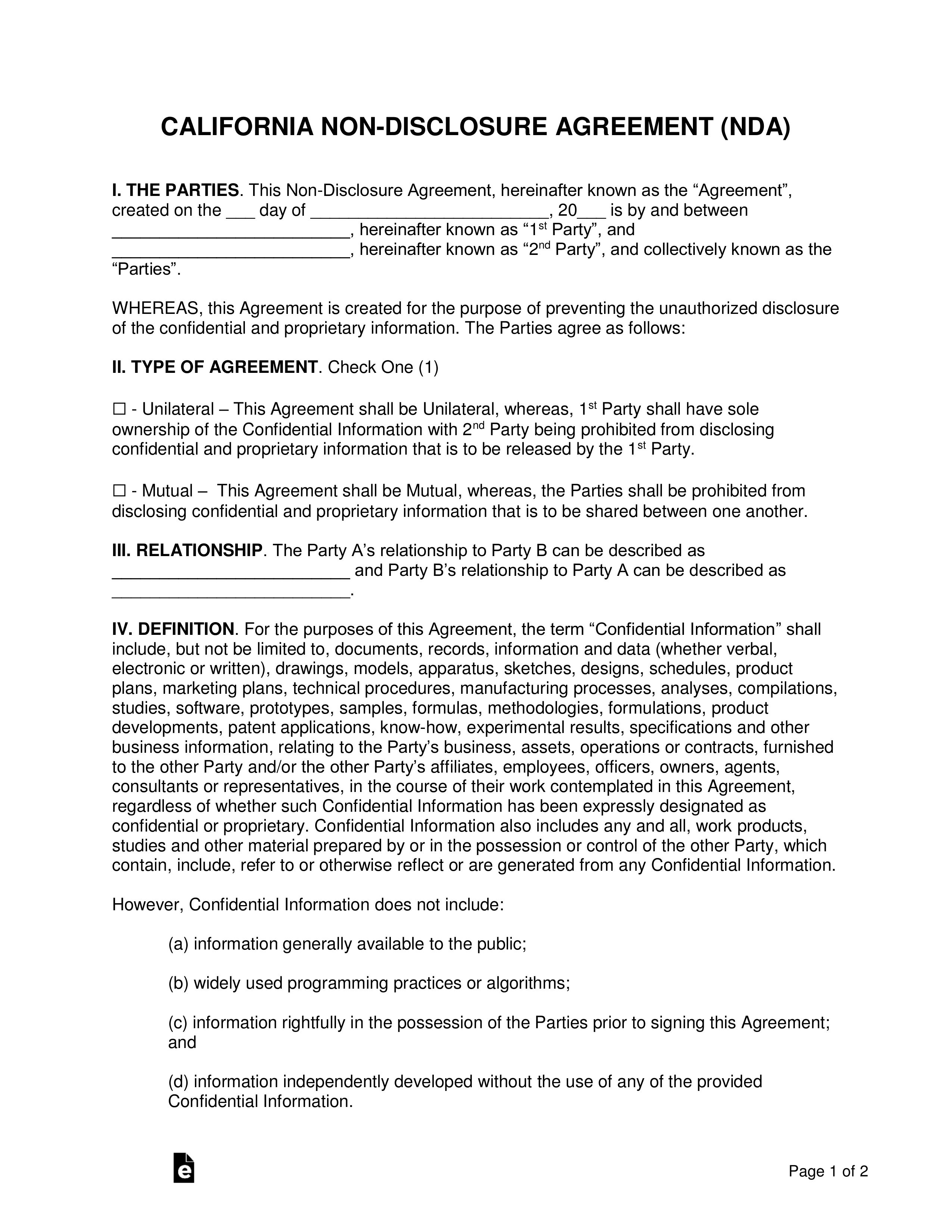 California Non Disclosure Agreement (Nda) Template | Eforms For Nda Template Word Document