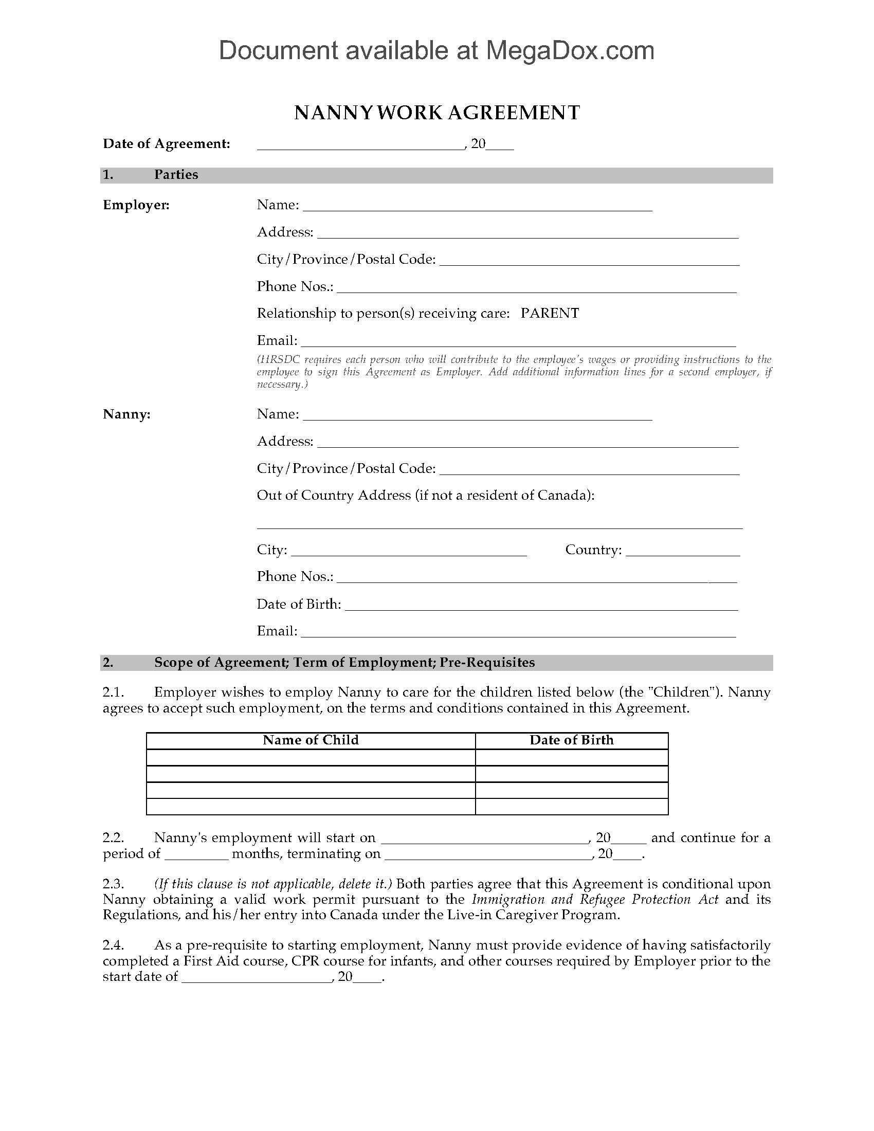 Canada Nanny Employment Agreement With Regard To Nanny Contract Template Word