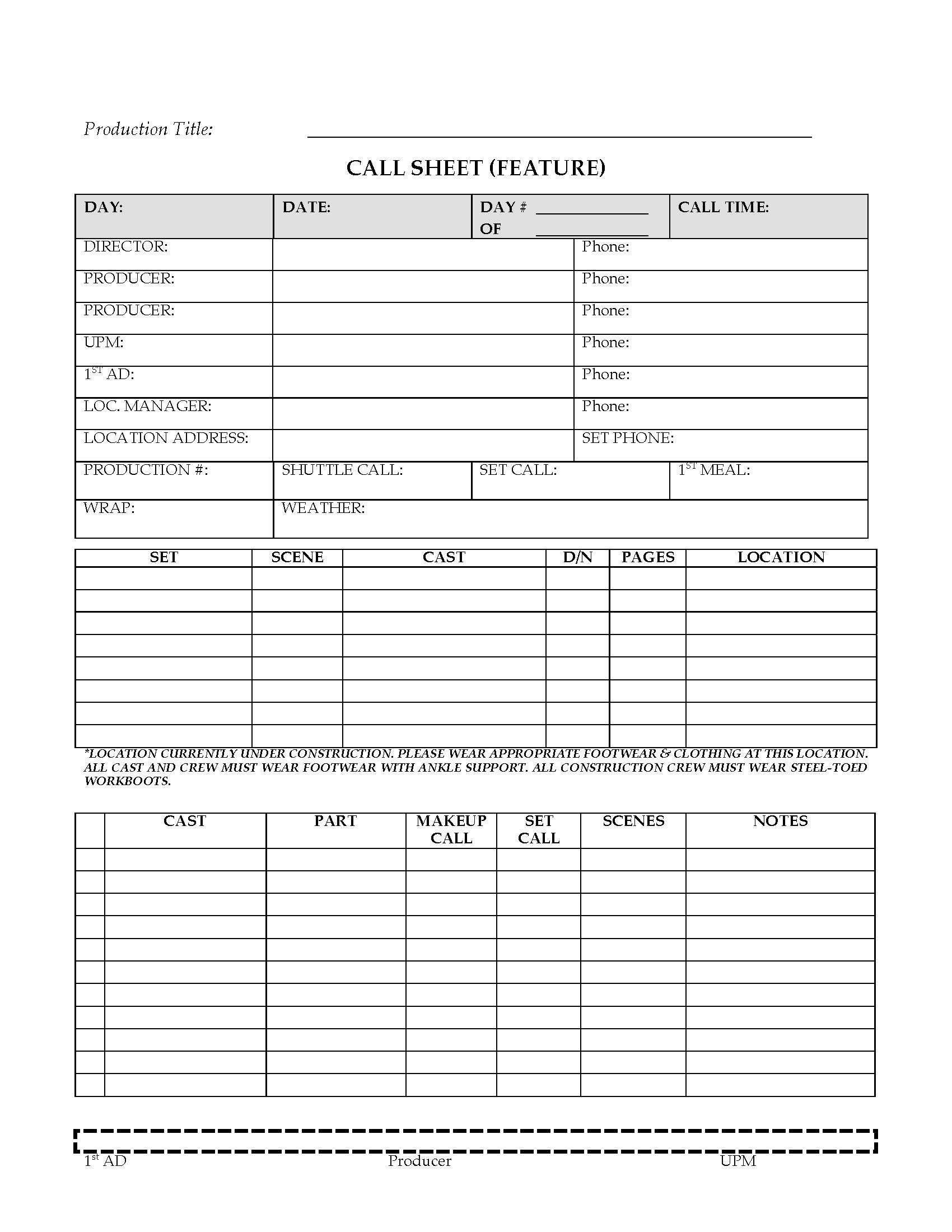 Cast And Crew Call Sheets (Film And Tv) Pertaining To Blank Call Sheet Template