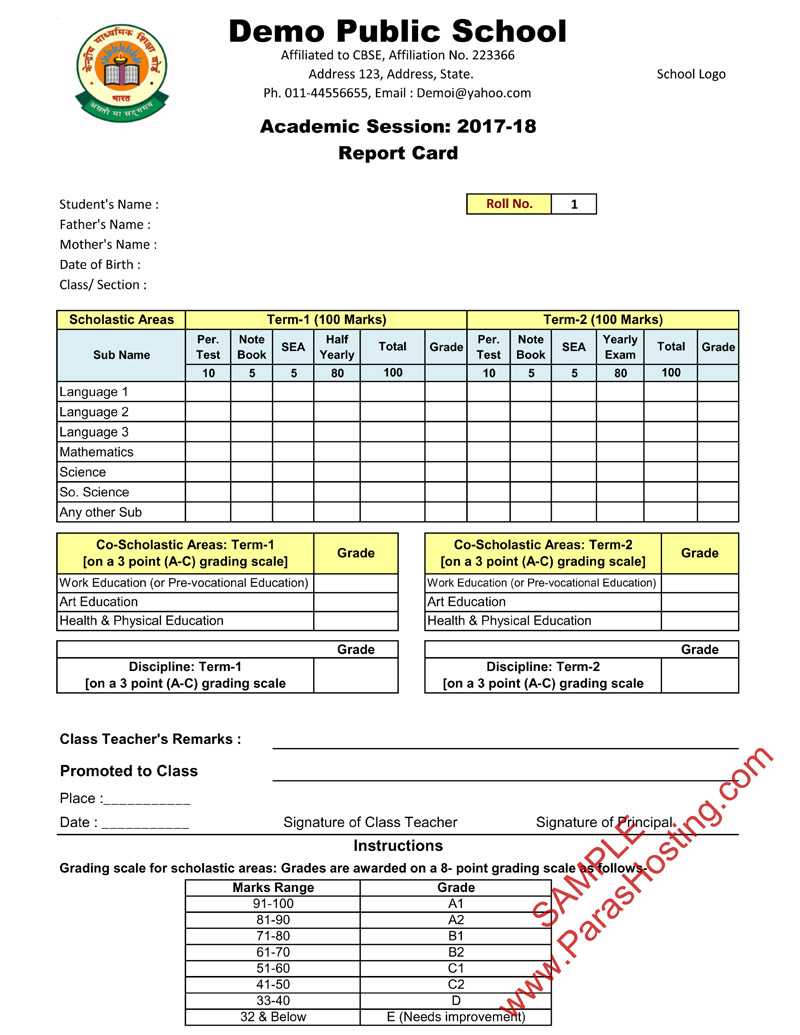 Cbse Report Card Format For Primary Classes  I To V Throughout Report Card Template Middle School