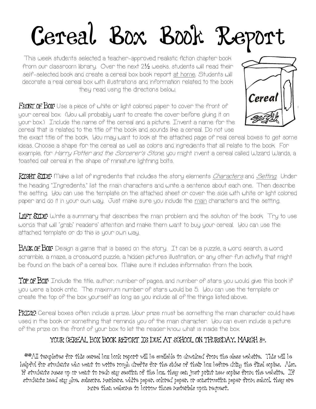 Cereal Box Book Report Instructions | Cereal Box Book Report Within Cereal Box Book Report Template