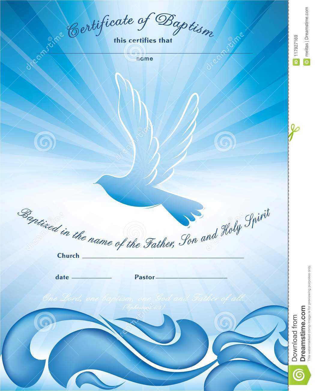 Certificate Baptism Template. With Waves Of Water And Dove In Christian Baptism Certificate Template