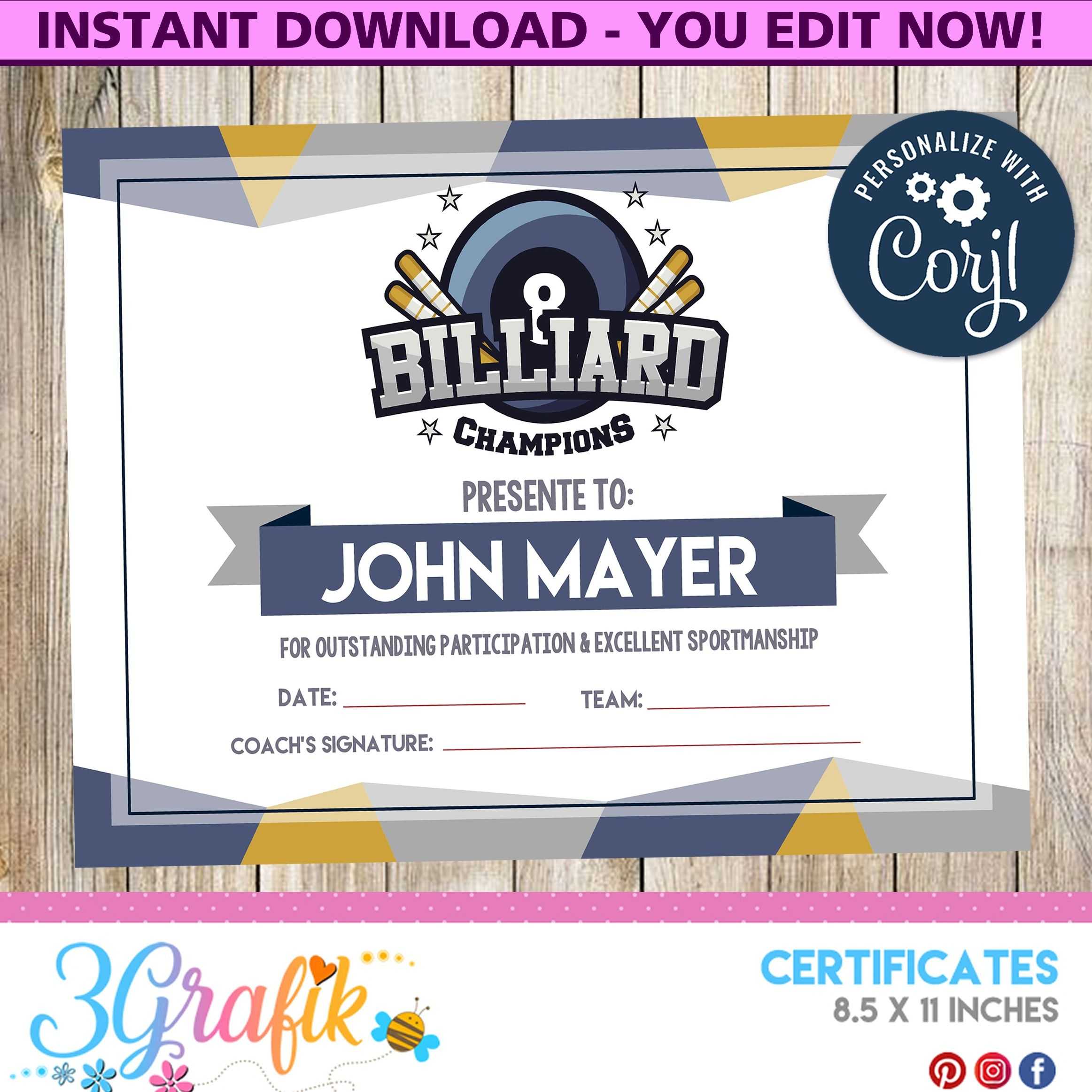 Certificate Billiard , Certificate, Billiard , Billiard Regarding Swimming Certificate Templates Free