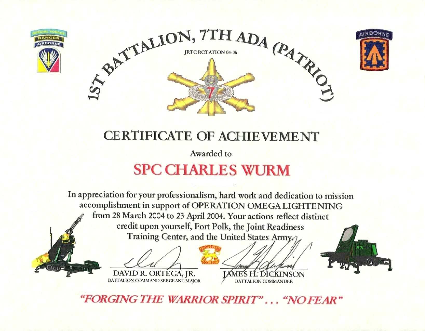 Certificate Of Appreciation Template Us Army Intended For Certificate Of Achievement Army Template