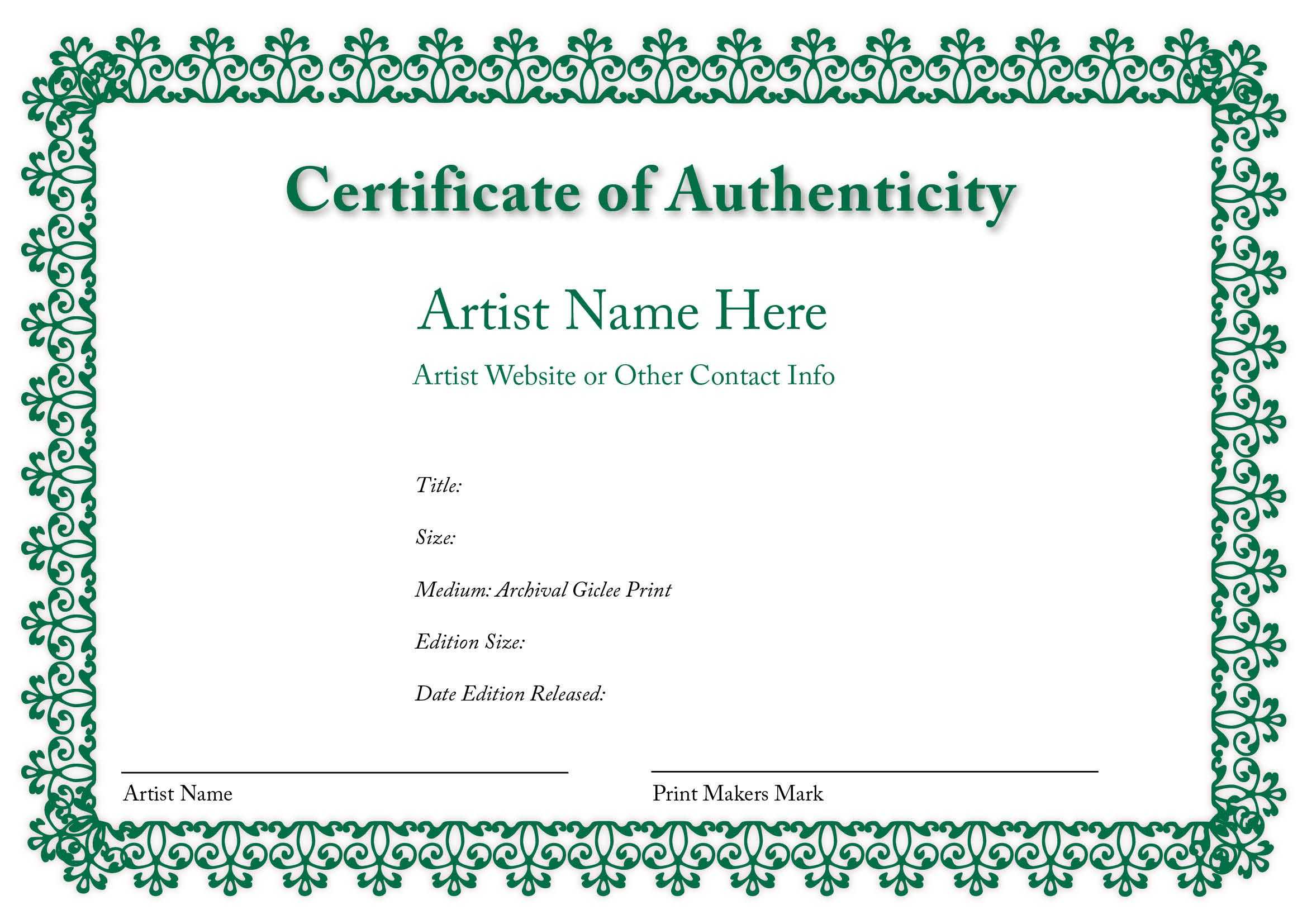 Certificate Of Authenticity Of An Art Print In 2019 Within Mock Certificate Template