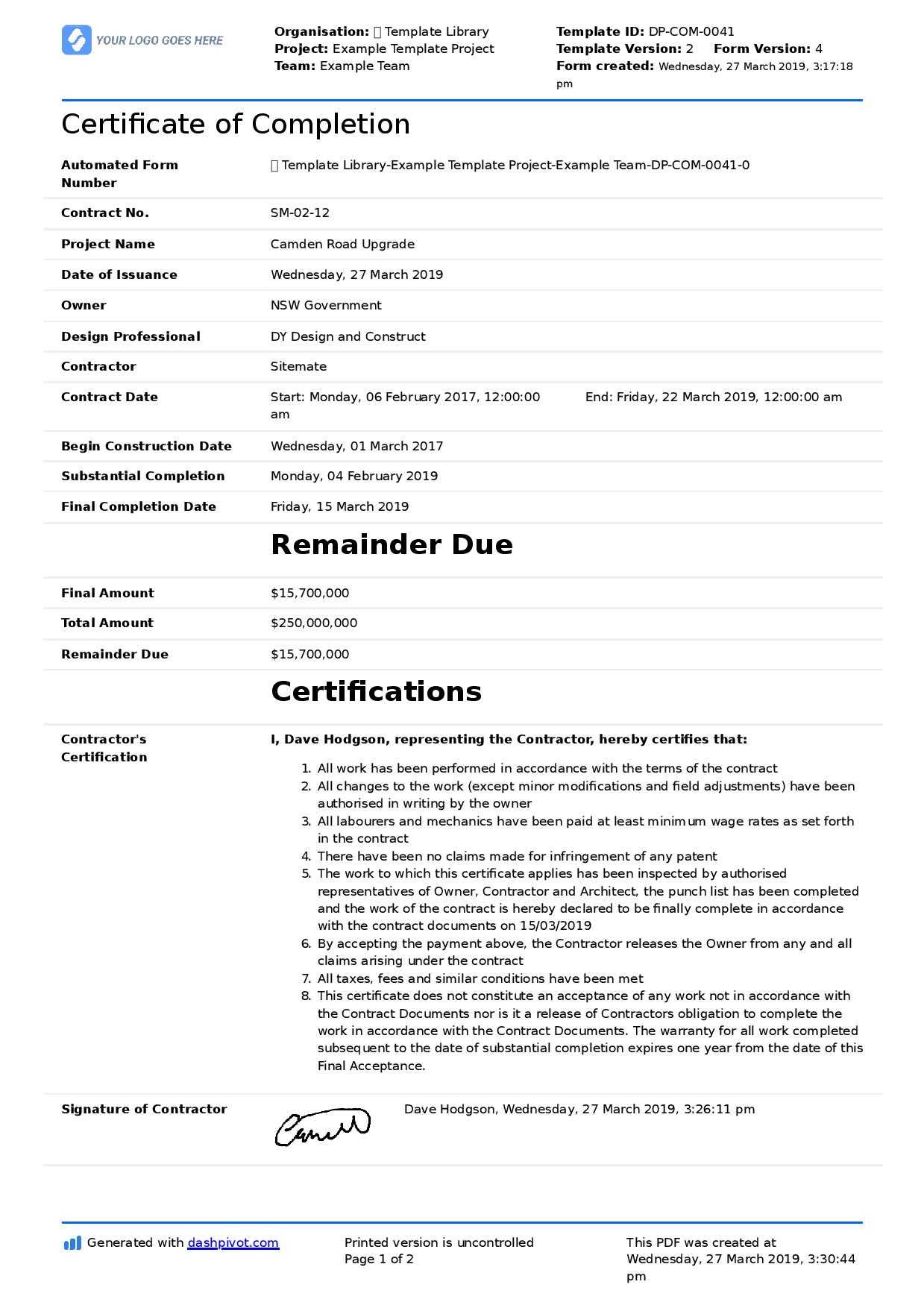 Certificate Of Completion For Construction (Free Template + For Certificate Of Completion Construction Templates