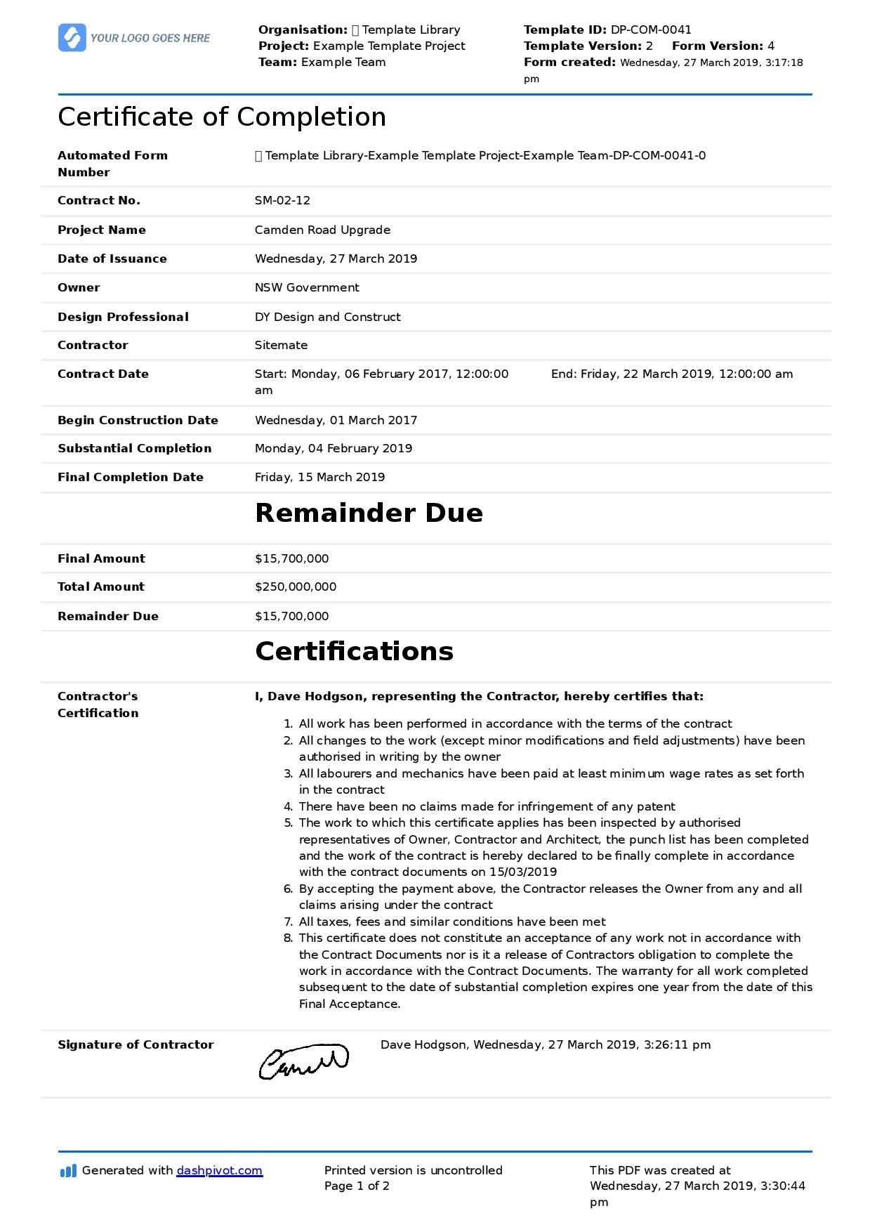 Certificate Of Completion For Construction (Free Template + Within Construction Payment Certificate Template