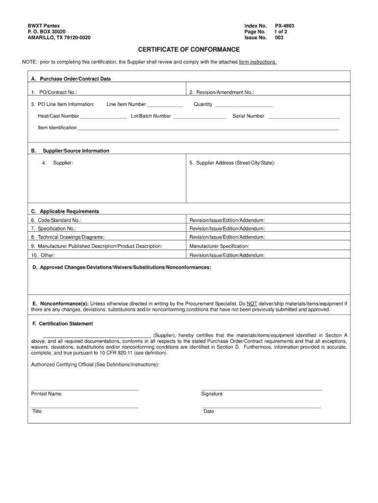 Certificate Of Conformance Template – Fill Online, Printable Pertaining To Certificate Of Conformity Template Free