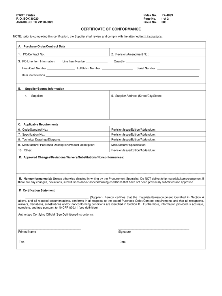 Certificate Of Conformance Template – Fill Online, Printable Within Certificate Of Conformance Template Free