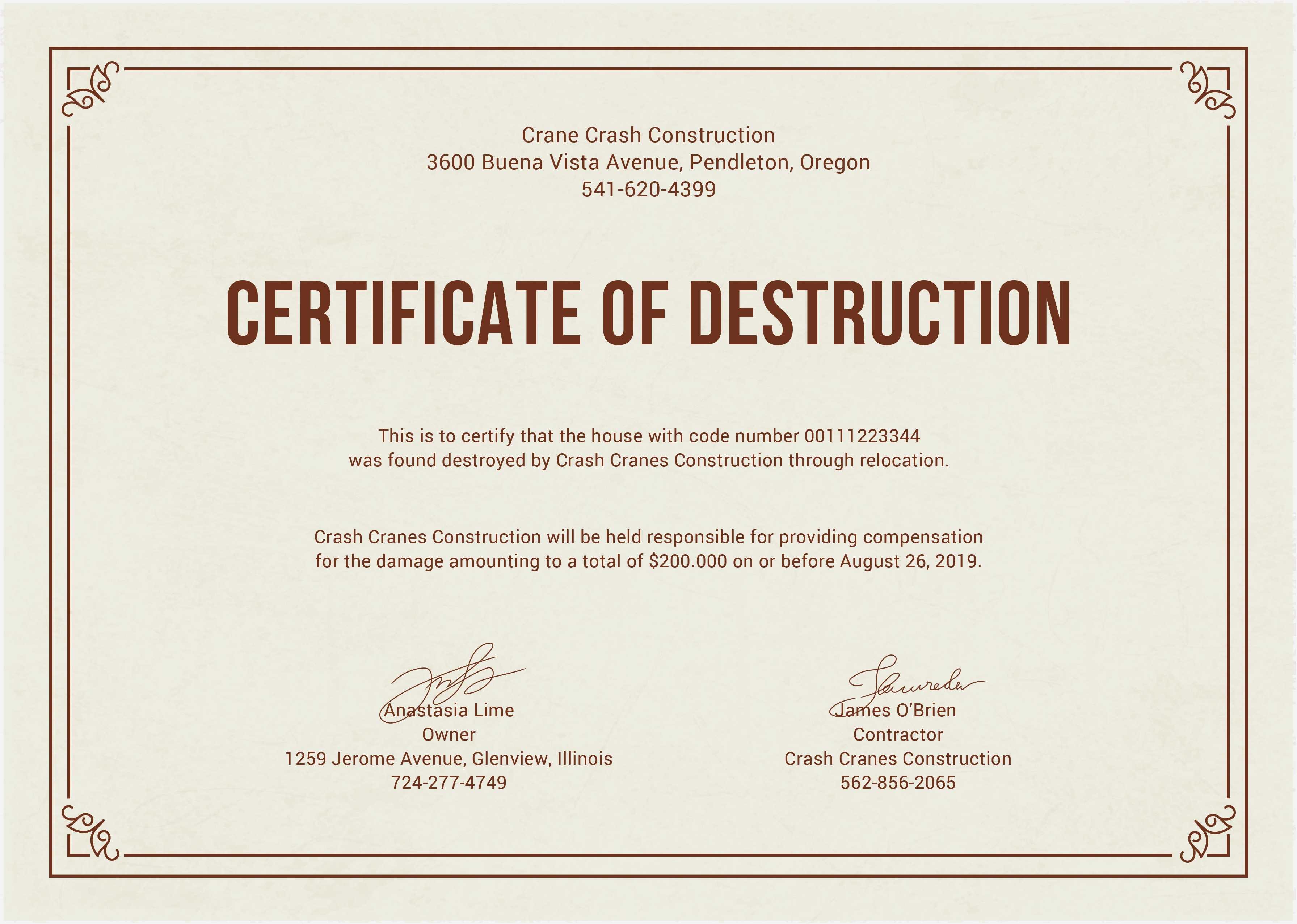 Certificate Of Destruction Template | Anti Grav Pertaining To Certificate Of Destruction Template