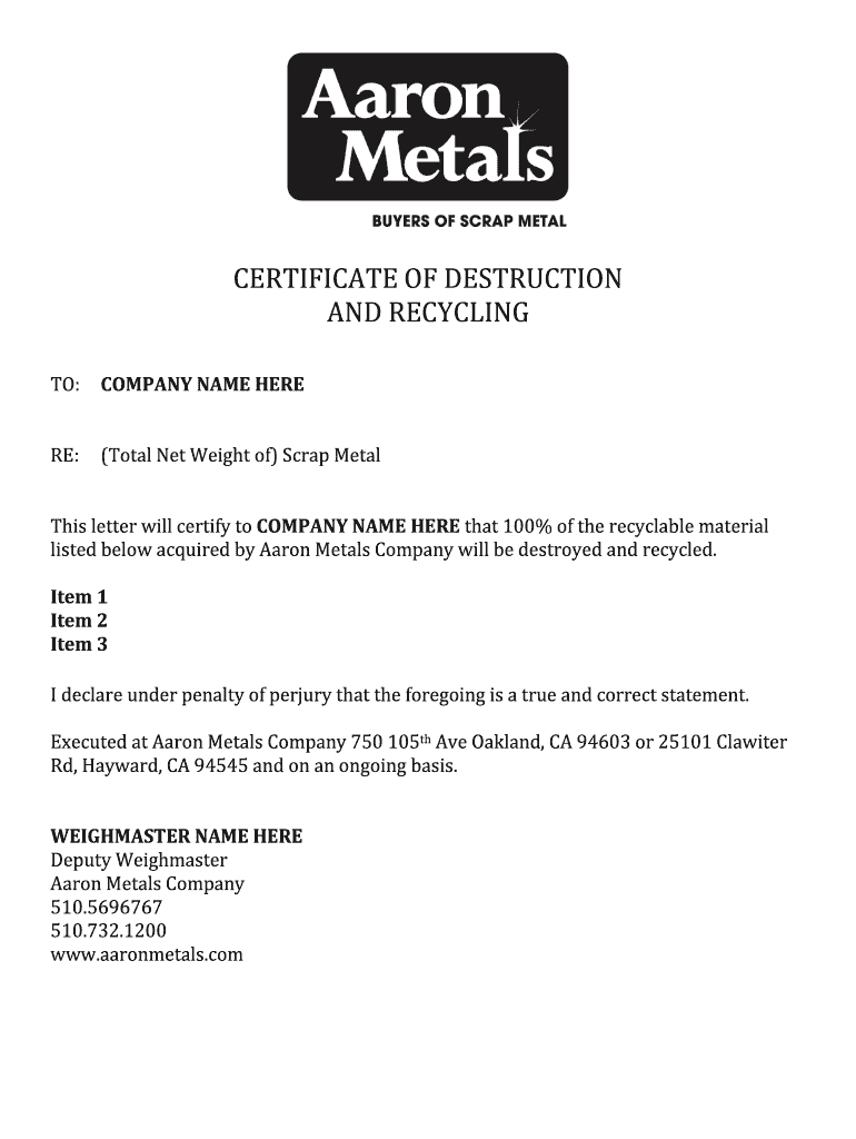 Certificate Of Destruction Template – Fill Online, Printable Regarding Certificate Of Destruction Template