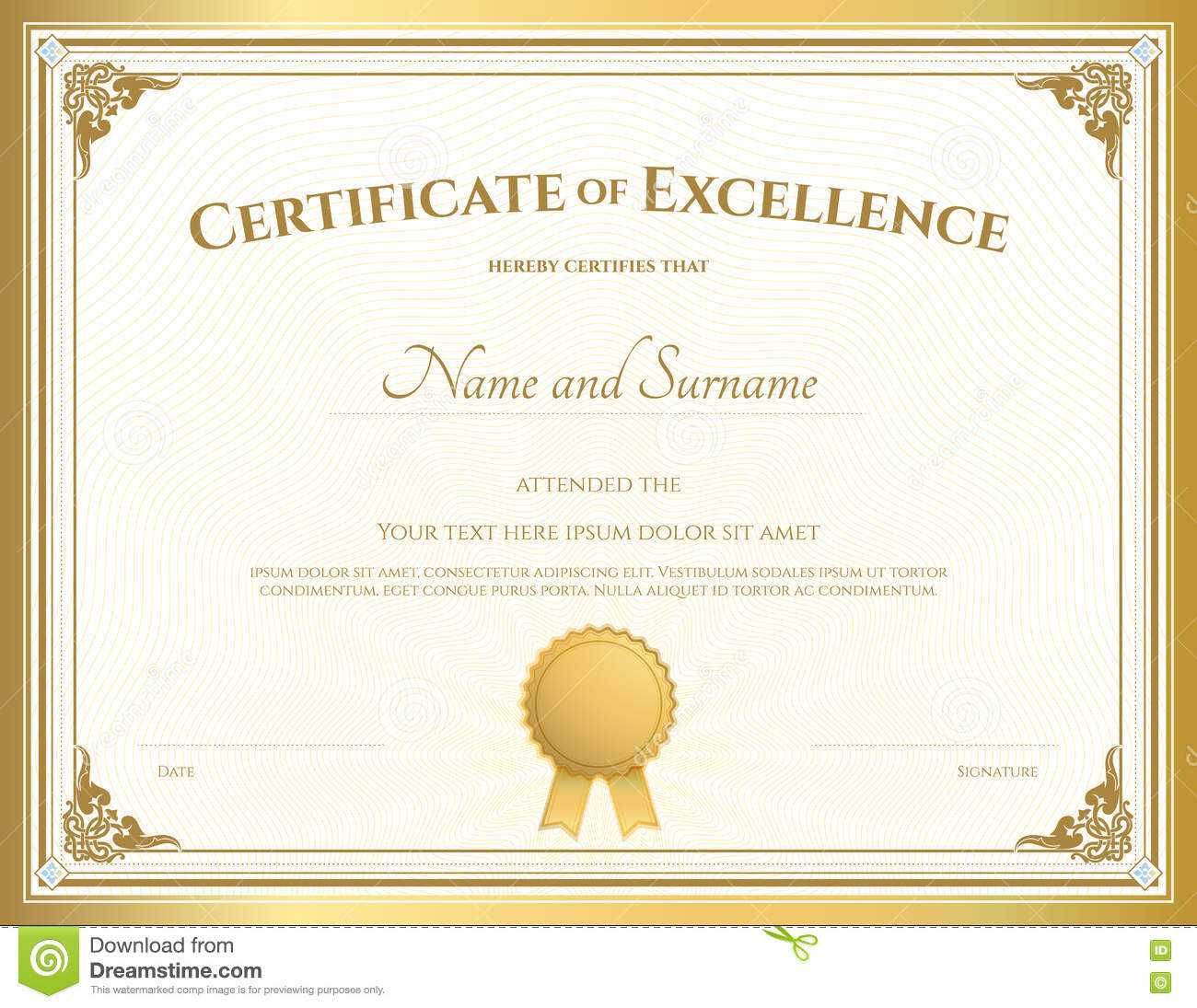 Certificate Of Excellence Template With Gold Border Stock Within Certificate Of Excellence Template Free Download
