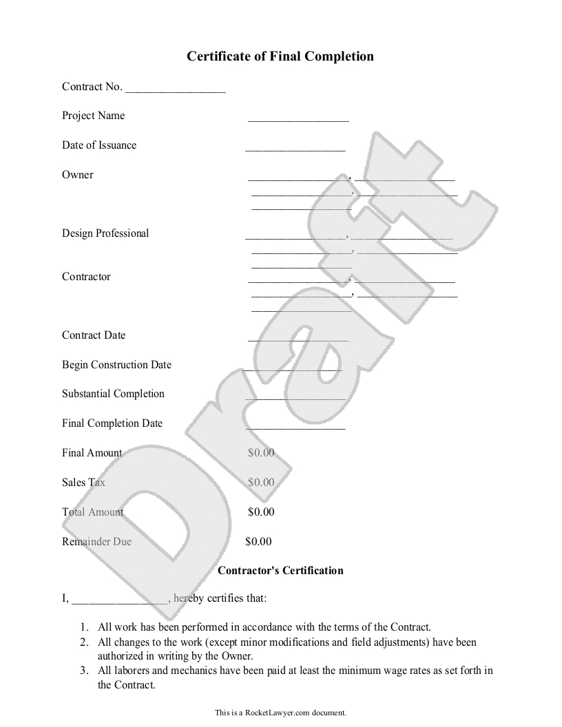 Certificate Of Final Completion Form – For Construction For Certificate Of Completion Template Construction